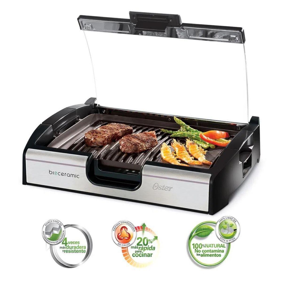 Parrilla y Plancha Eléctrica Bioceramic con Tapa Oster-1