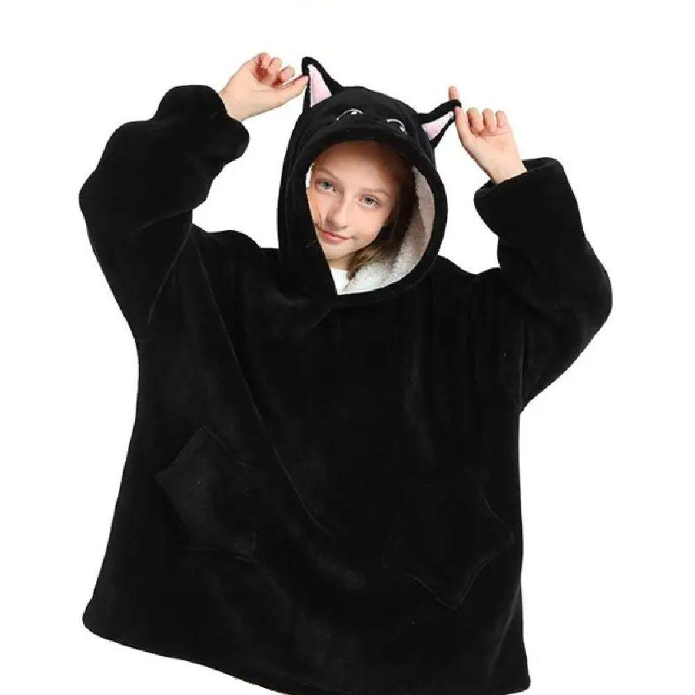 Manta con Capucha Suave Poncho Poleron Niño Negro Gatito-0