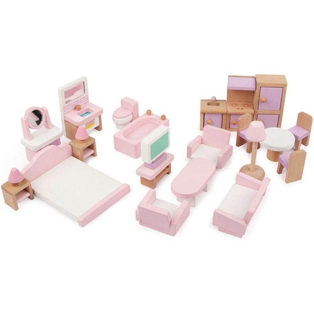 Set completo de Muebles de Madera para Casa de Muñecas Rosa-0