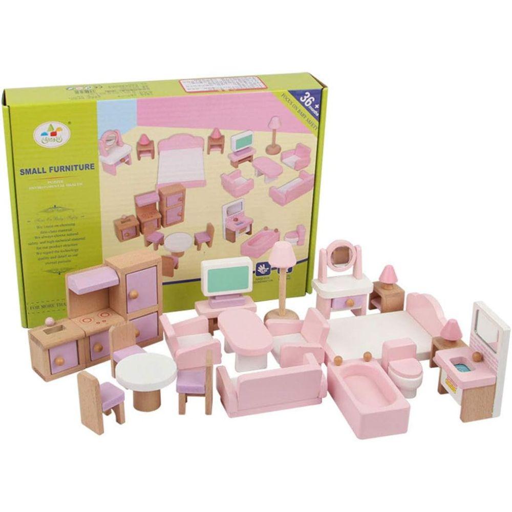 Set completo de Muebles de Madera para Casa de Muñecas Rosa-7