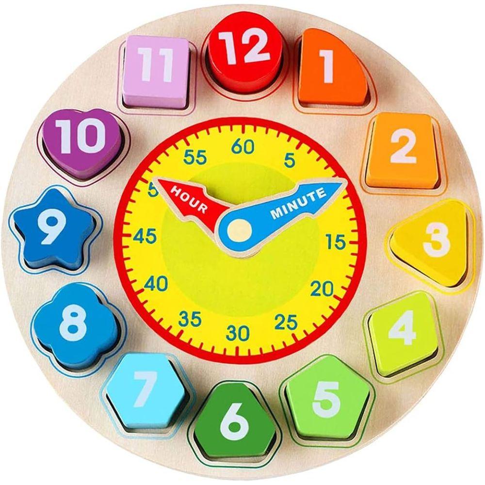 Reloj de Madera Encaje Figuras Juguete Montessori 12 Piezas-0