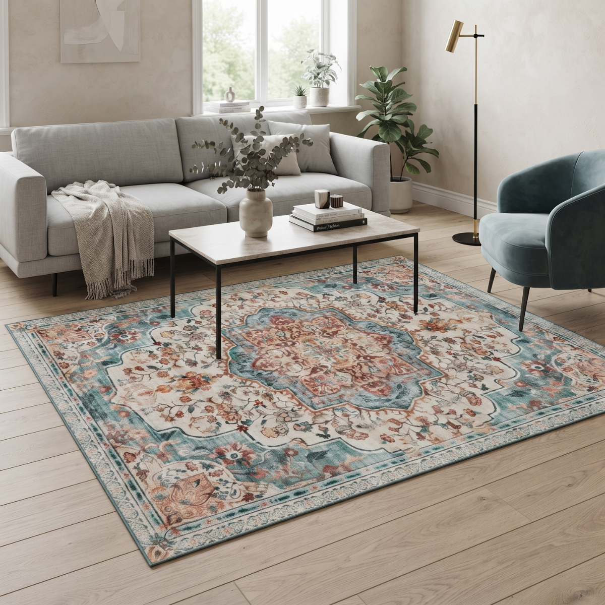 Alfombra Antideslizante Vintage Verde Agua Furuv 214x153 cm-2