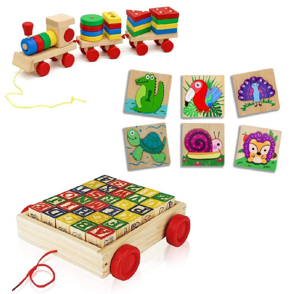 Pack 3 juguetes de Madera Didácticos Carro+ABC+Puzles-0