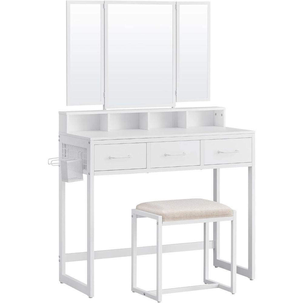 Mueble Tocador Blanco Organizador con Espejo y Banca Satra-0
