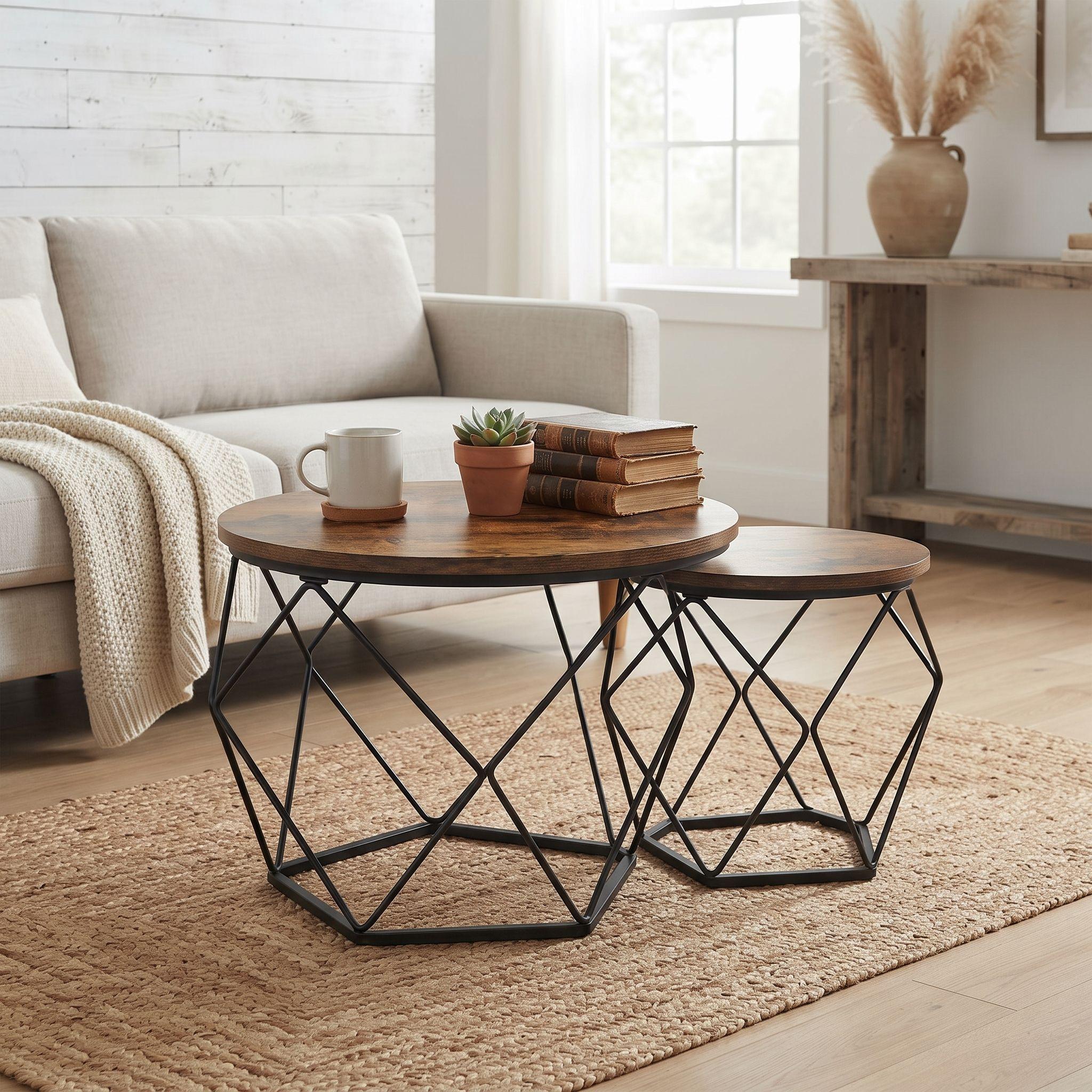 Set 2 Mesas Centro Helsinki Base Hexagonal Estilo Industrial-1