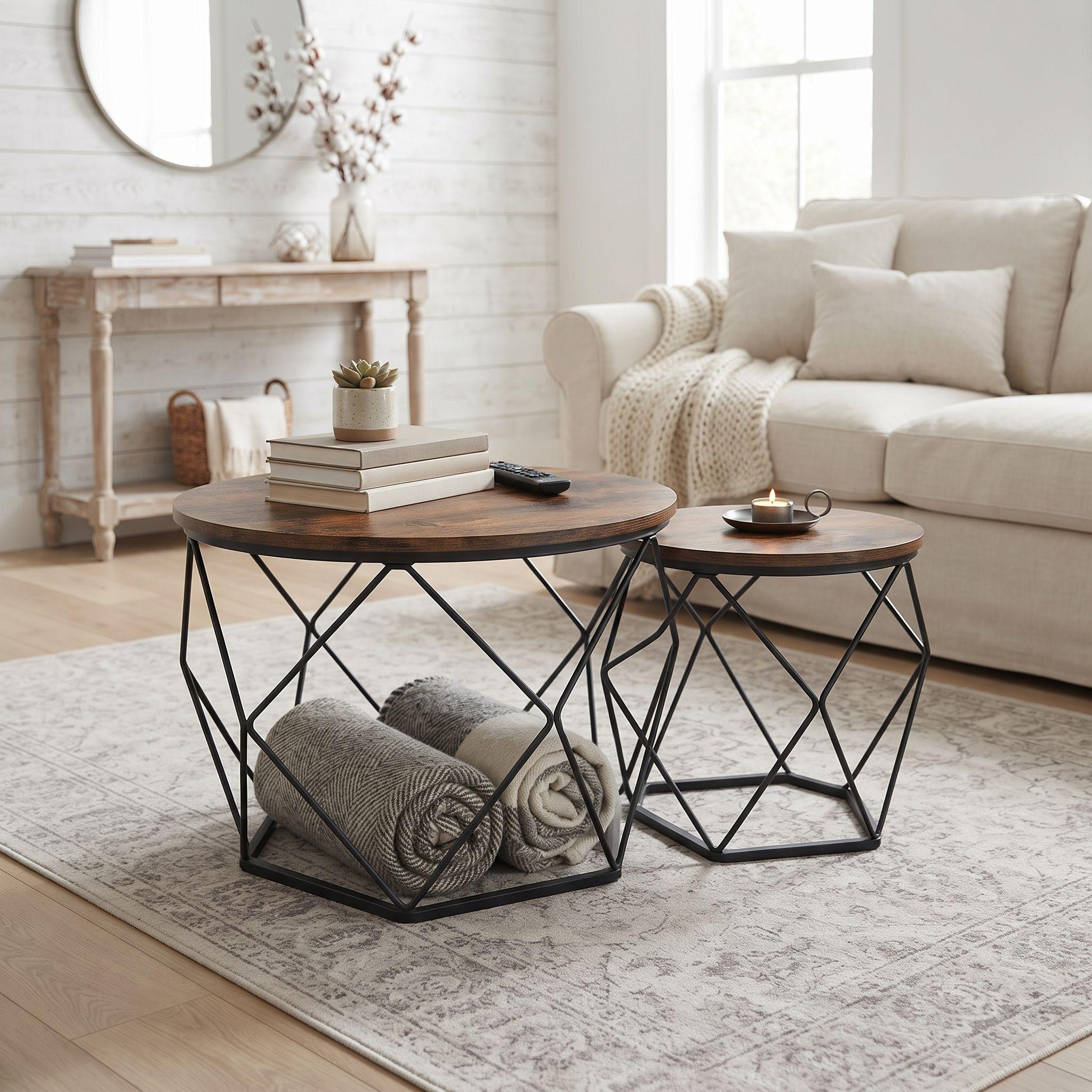 Set 2 Mesas Centro Helsinki Base Hexagonal Estilo Industrial-3