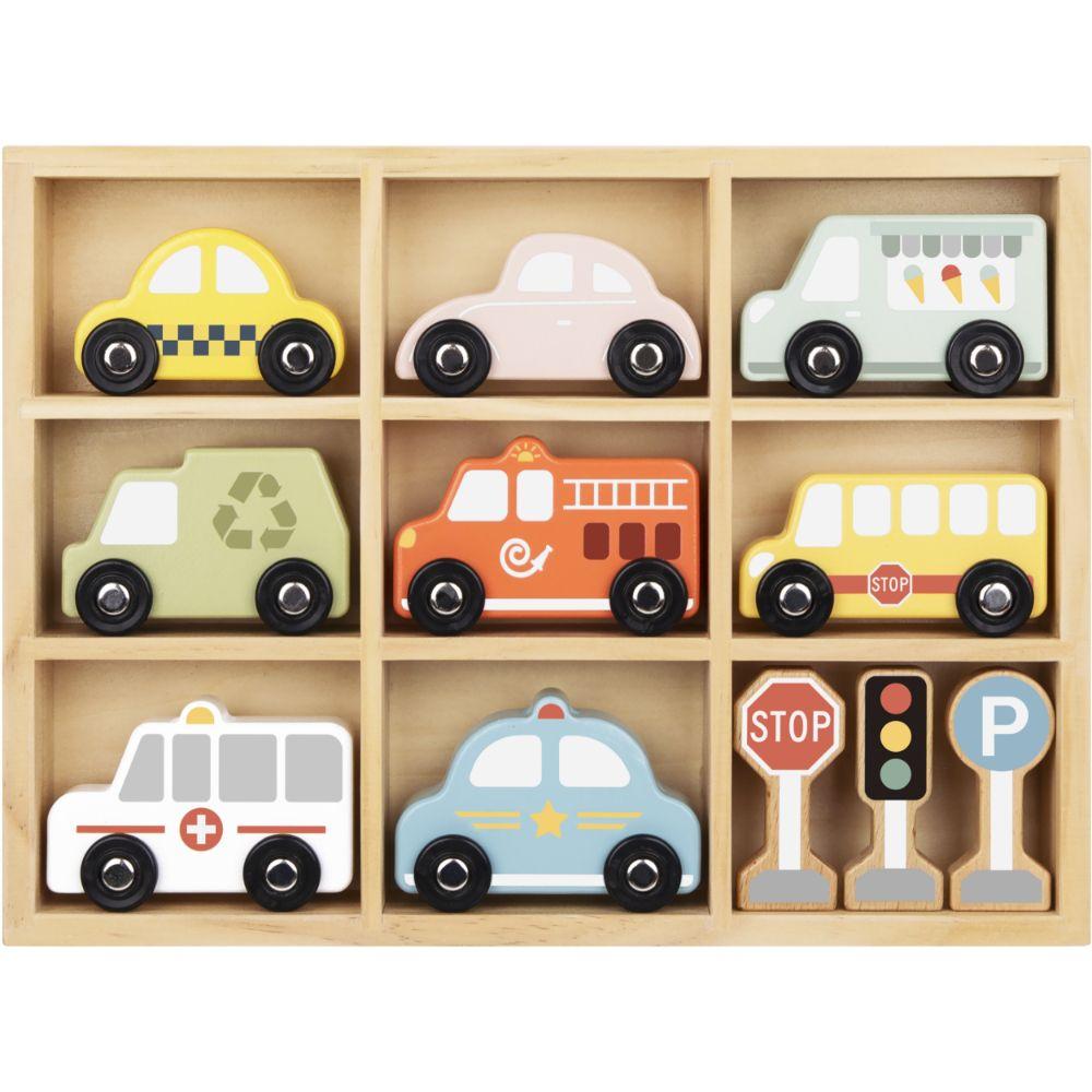 Set de 8 Autos de Madera con Señales de Transito Juguete-0