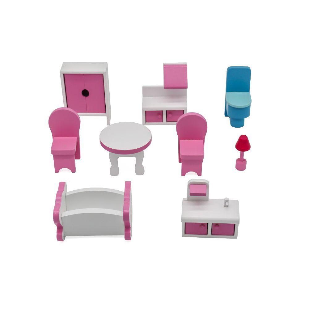 Casa de Muñecas Clásica de Madera Rosada con Accesorios-3