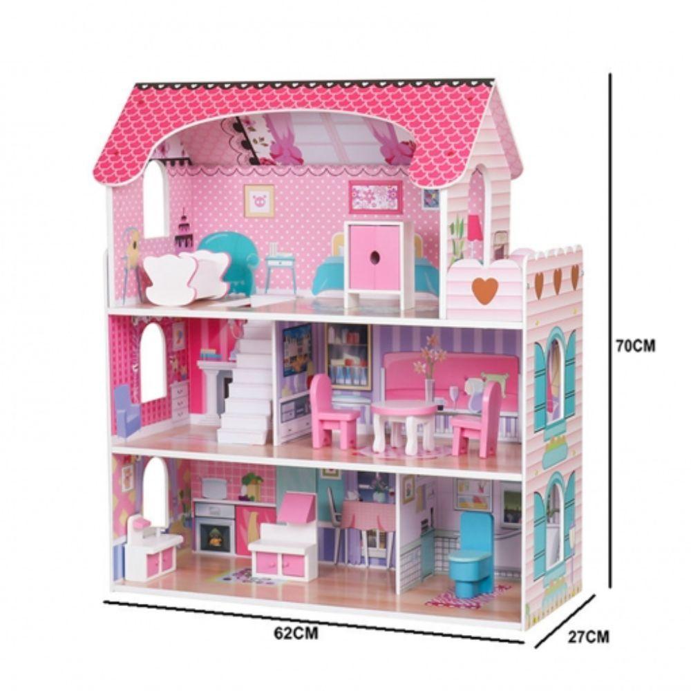 Casa de Muñecas Clásica de Madera Rosada con Accesorios-4