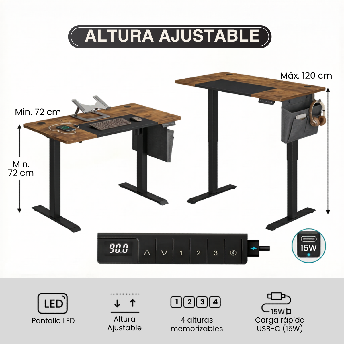 Escritorio Eléctrico Altura Ajustable Marrón 120x60cm Nellim-5