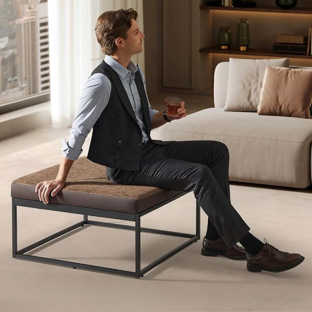 Mesa Centro Cuadrada Cuero PU con Cubierta Reversible Frovi-6