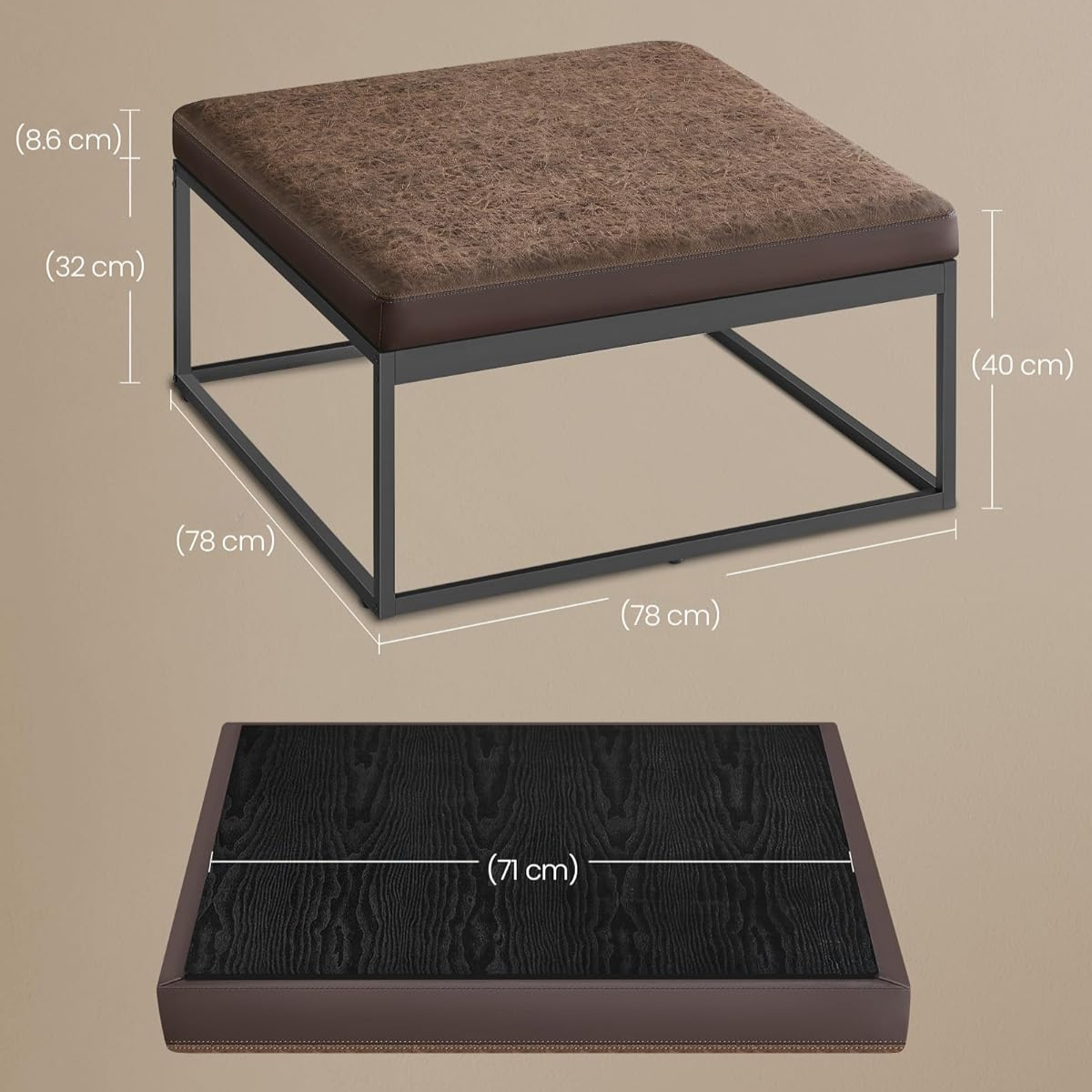 Mesa Centro Cuadrada Cuero PU con Cubierta Reversible Frovi-7
