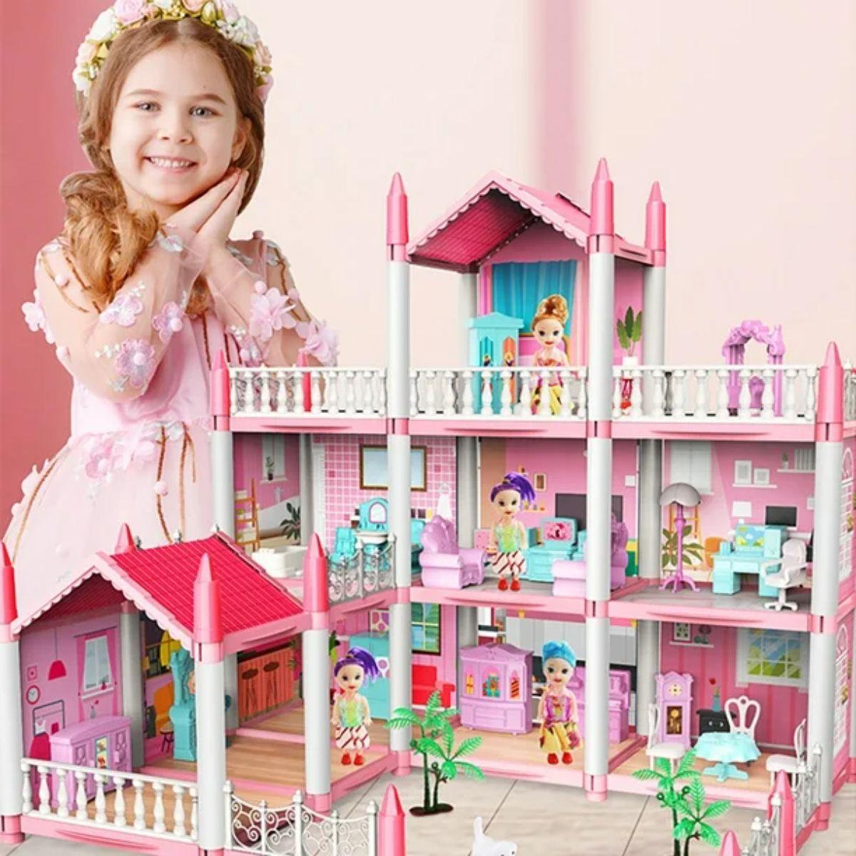 Casa de Muñecas Rosa con Muñecas y Accesorios-3