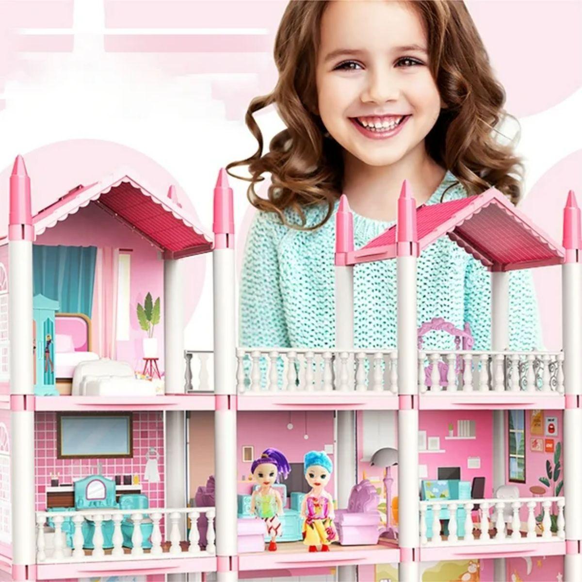 Casa de Muñecas Rosa con Muñecas y Accesorios-4
