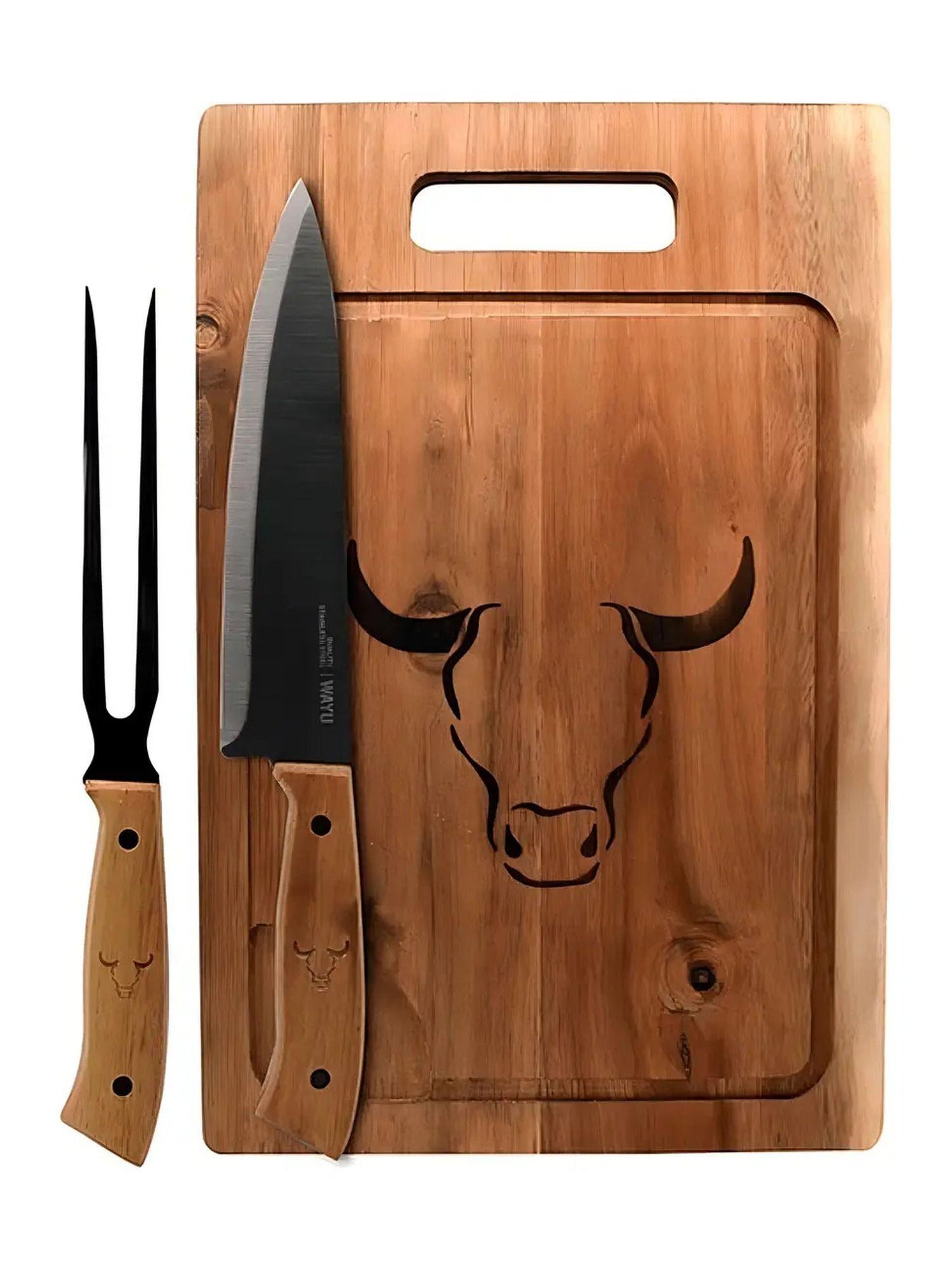 Set Parrillero 3 Piezas Tabla De Madera Cuchillo Y Tenedor-0