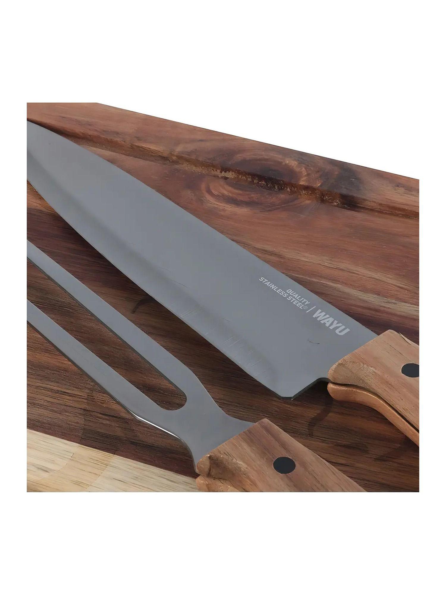 Set Parrillero 3 Piezas Tabla De Madera Cuchillo Y Tenedor-2