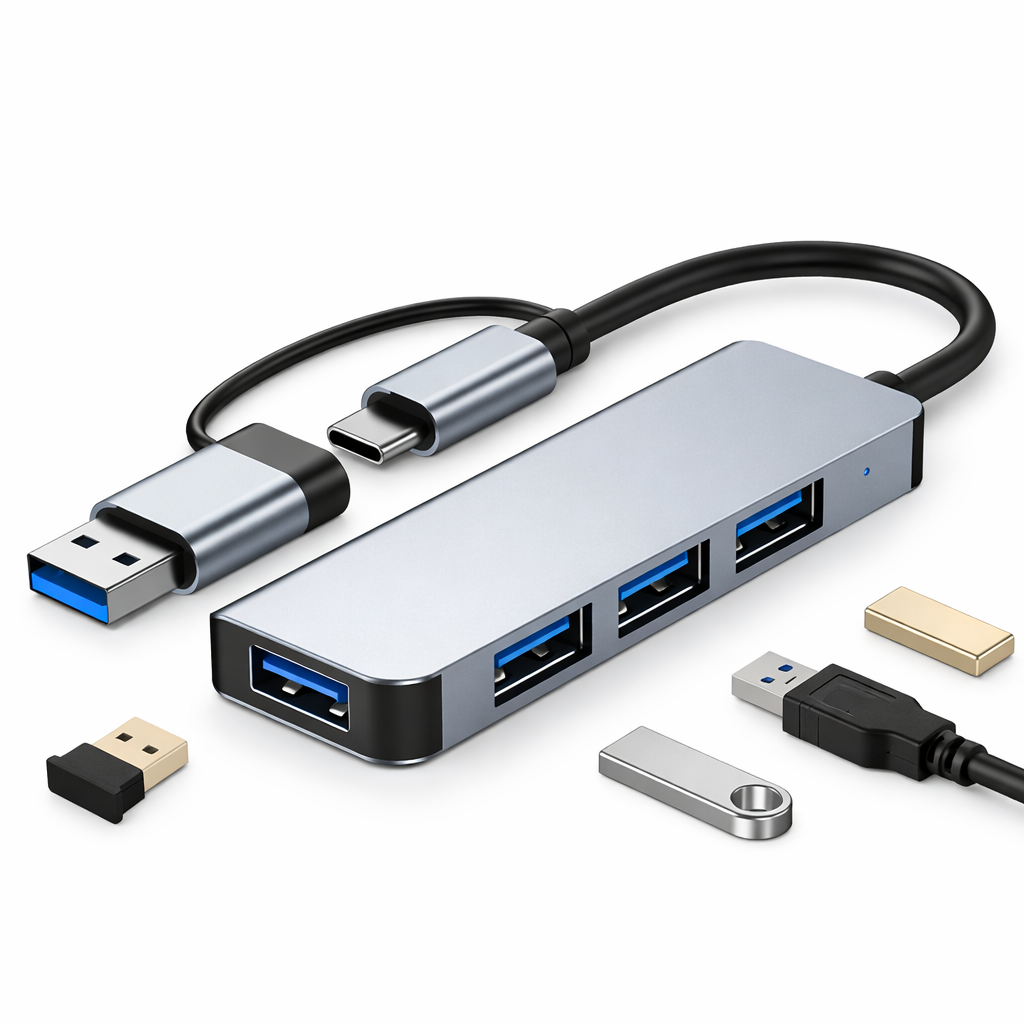 Hub USB 3.0 Aluminio 4 Puertos con Adaptador USB-C Híbrido-1