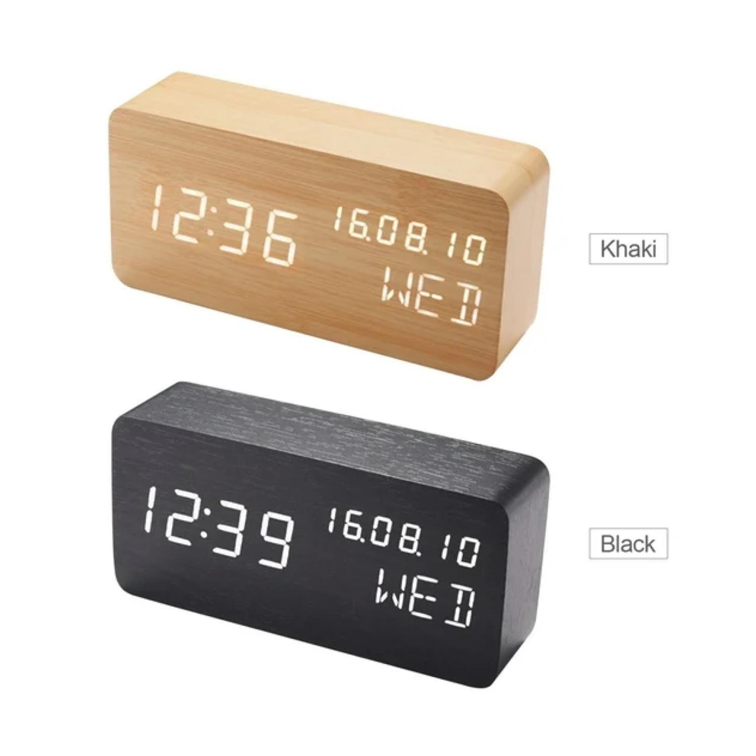 Reloj Digital LED Despertador Mesa De Noche Madera Negra-3