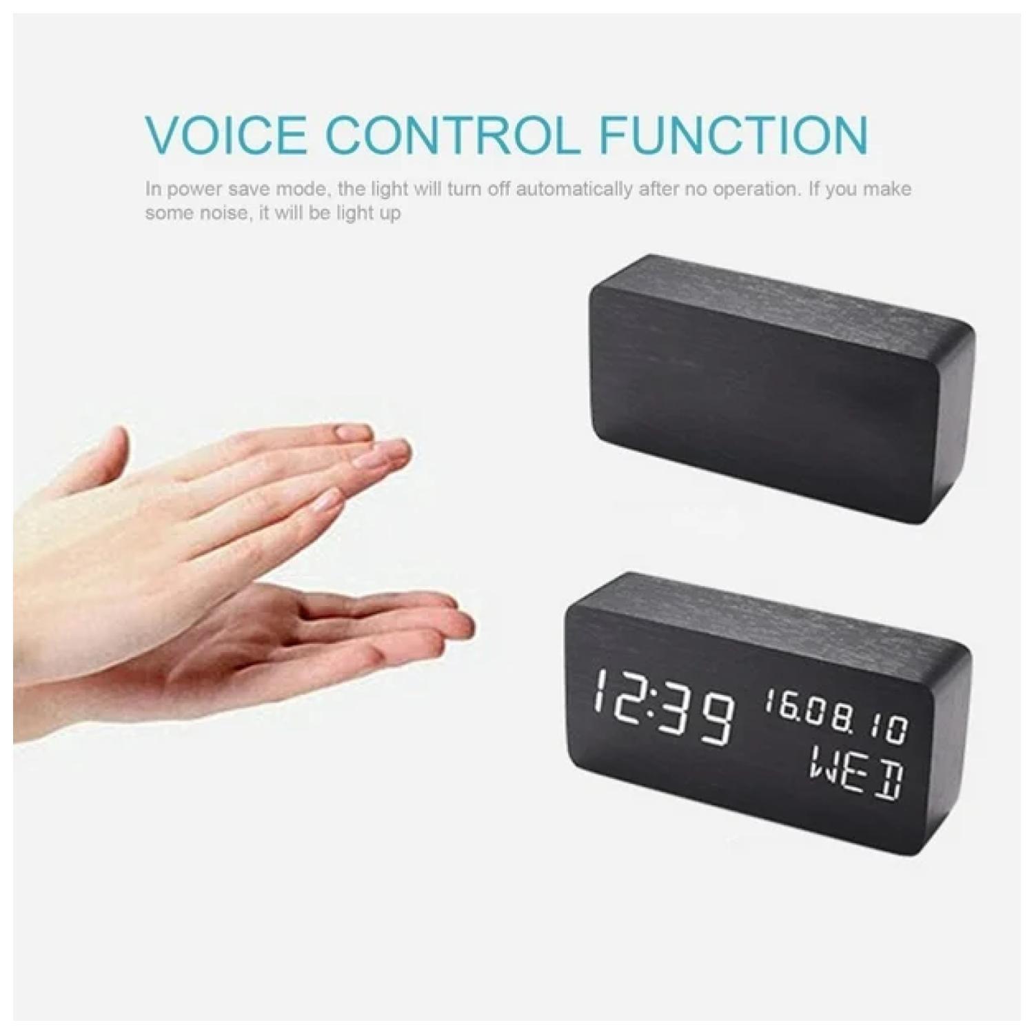 Reloj Digital LED Despertador Mesa De Noche Madera Negra-5