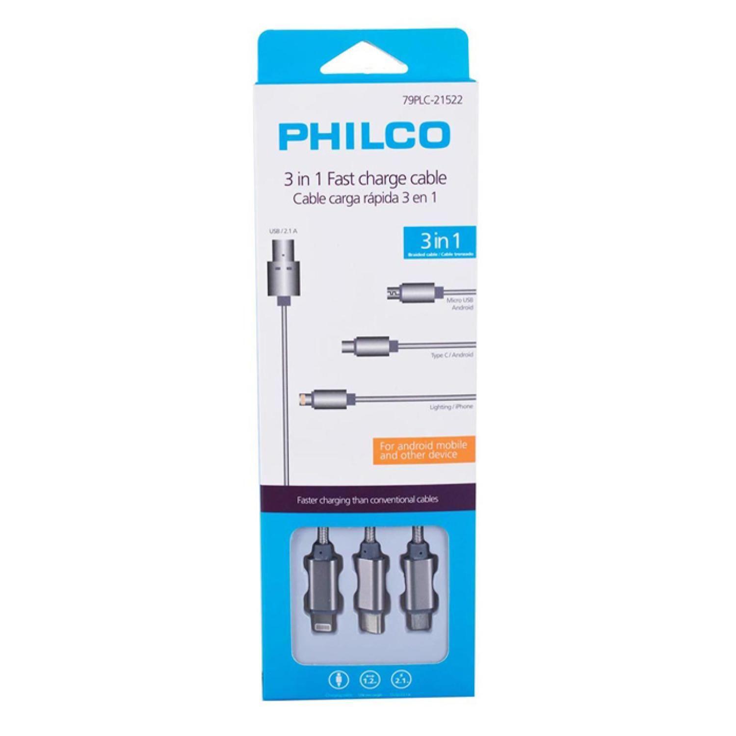 Cable USB 3 En 1 Carga Rapida Trenzado Plateado Philco-2