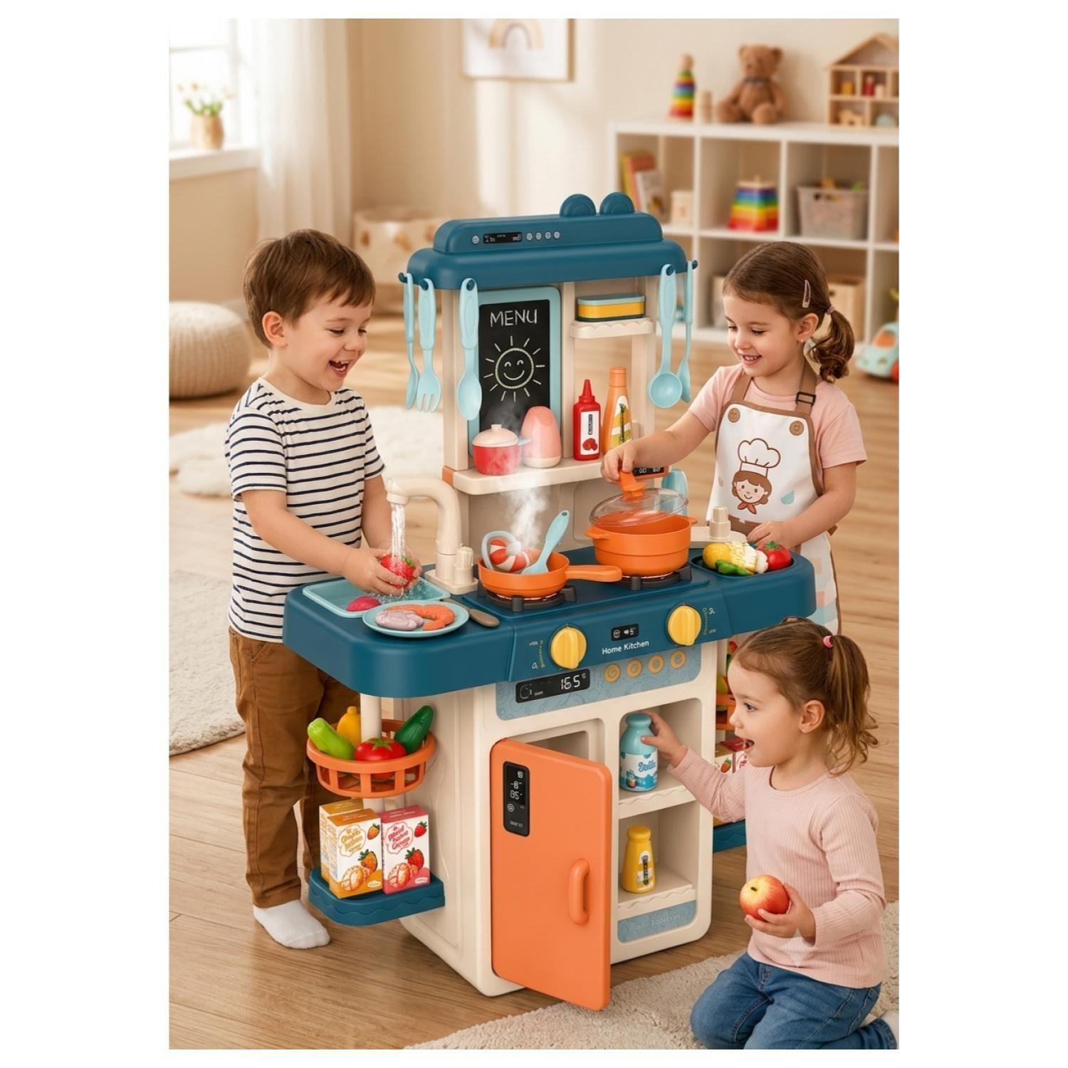 Juguete Cocina Interactiva 55Pzas 63cm Agua Vapor Azul Infantil-3
