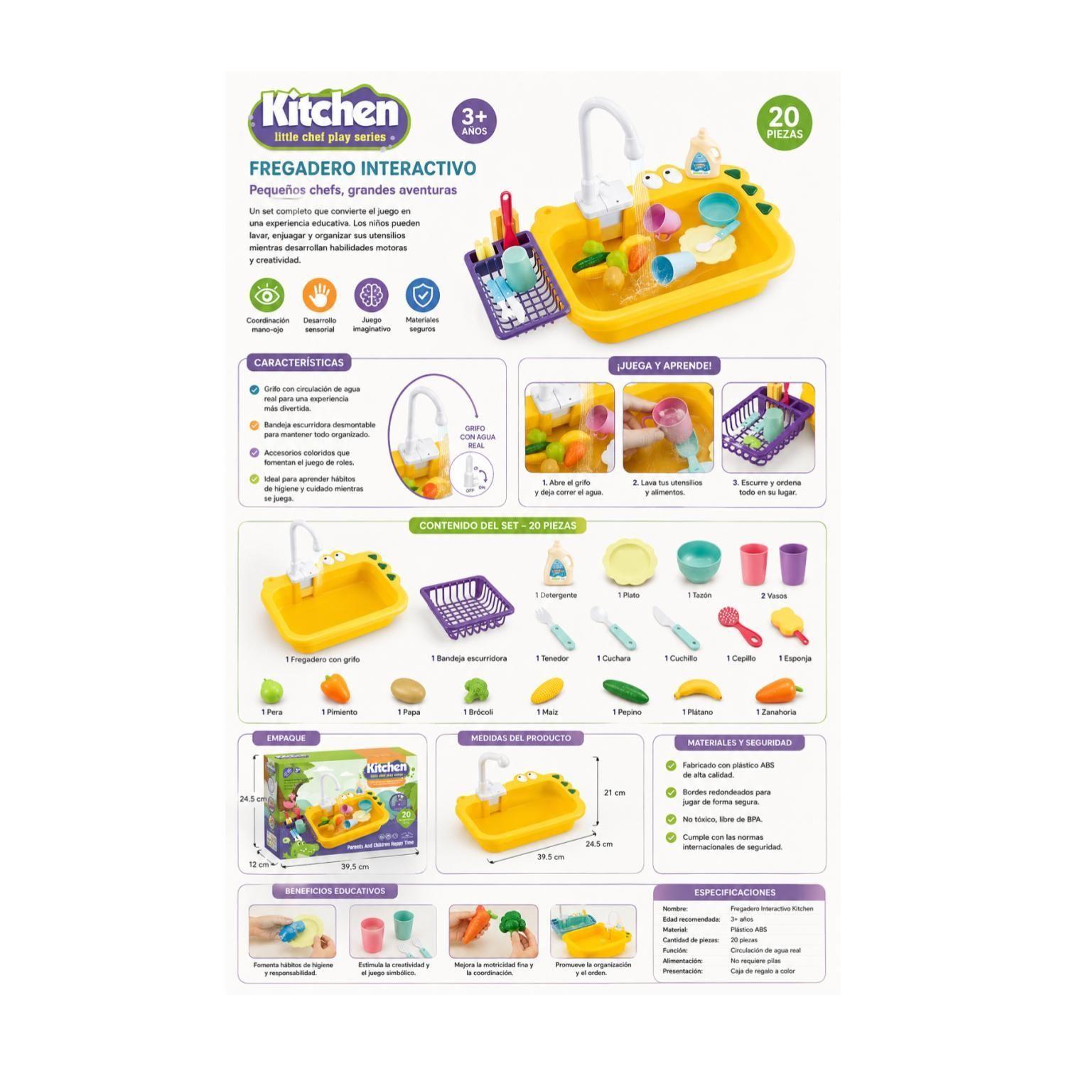 Juguete Lavavajillas 20Pzas Interactivo Accsorios Amarillo Infantil-1