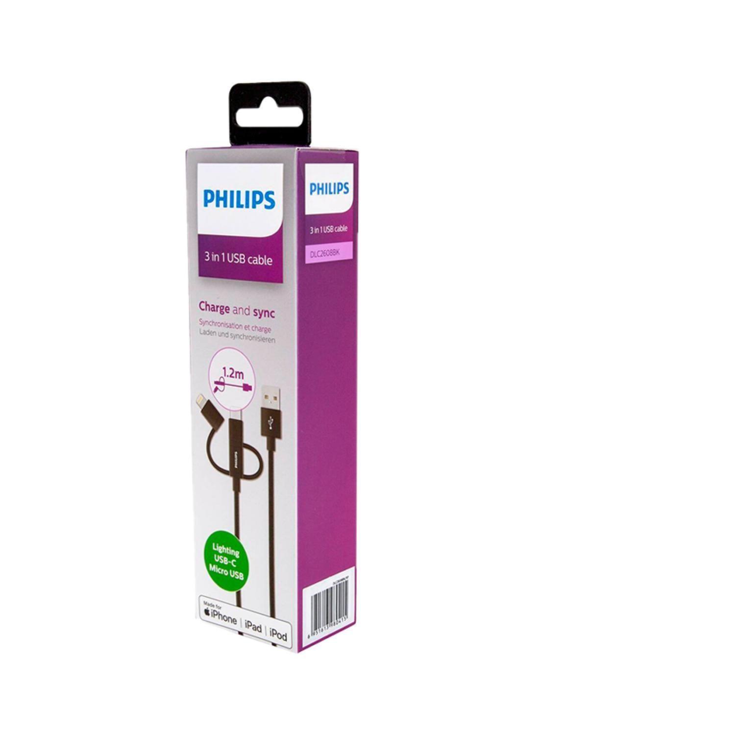 Cable USB 3 En 1 Mricro USB Tipo C Lightning 0.8M Philips-2