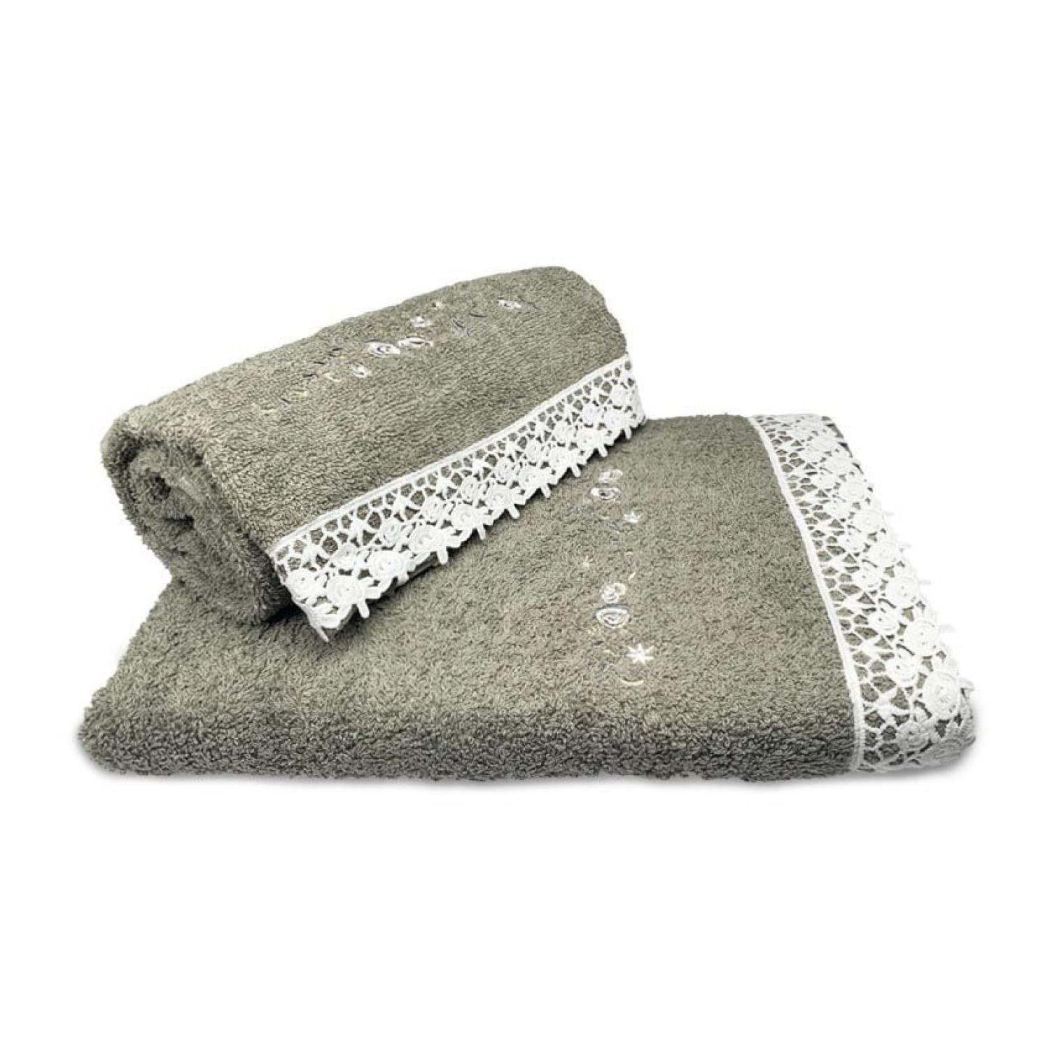Set 2 Toallas De Baño Bordadas 45x90 Y 70x140 Gris Julieta Doral-1
