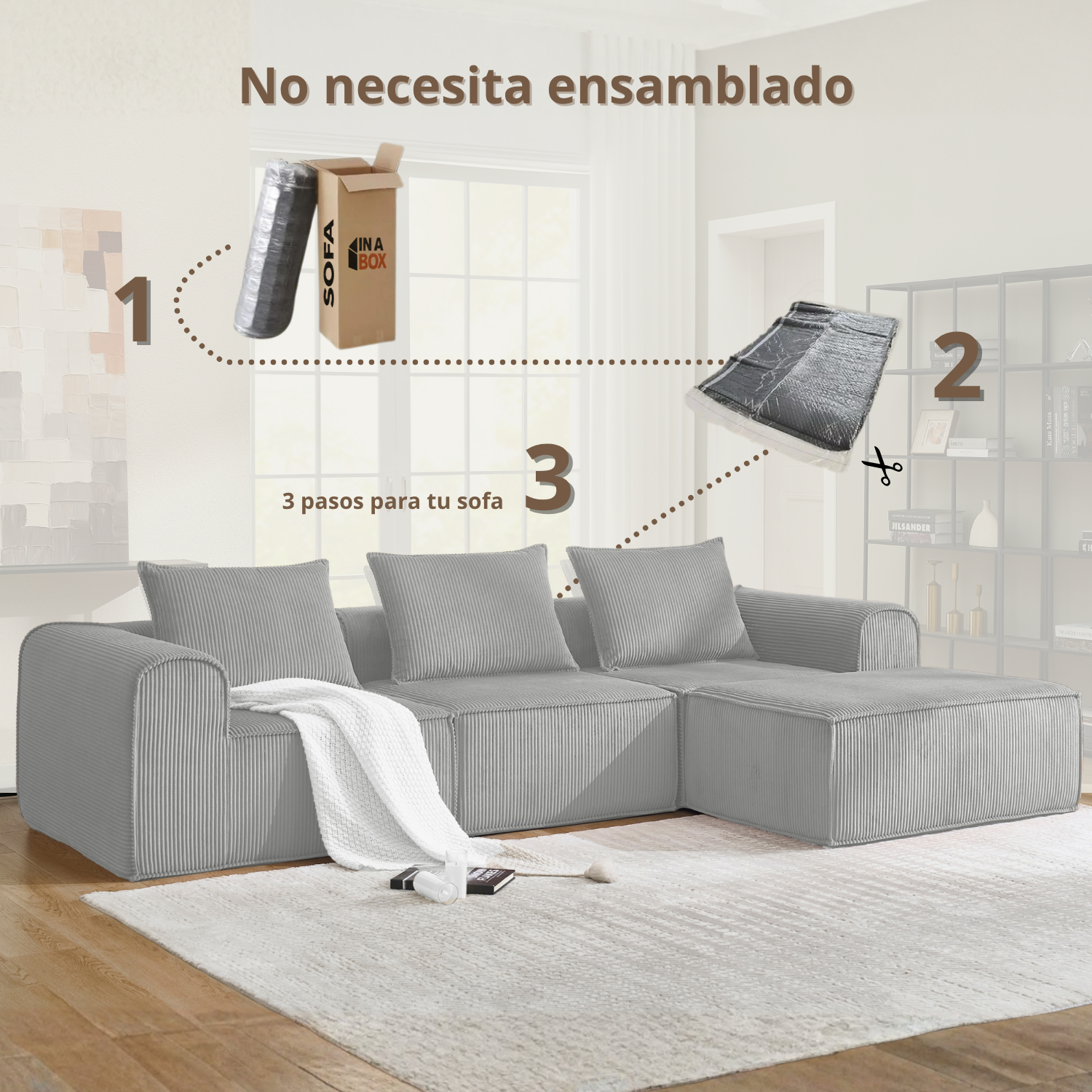 Sofa Loop 3 Cuerpos + Pouf | Espuma Comprimida |270x58x167 Gris claro G1234-2