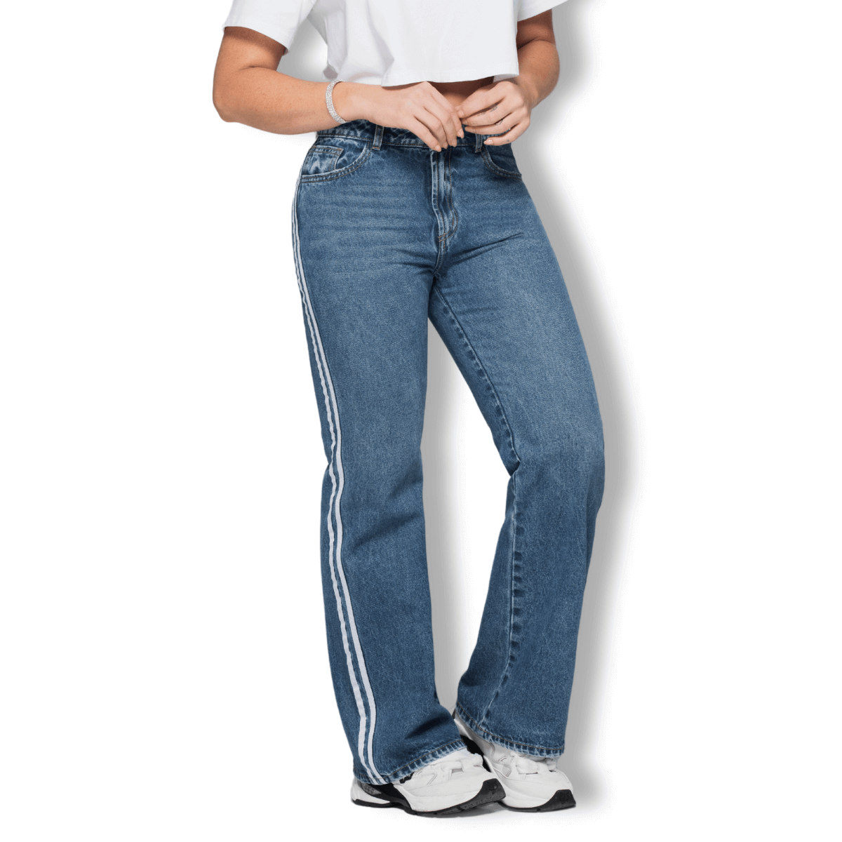 Jeans Wide Leg Mujer Azul Franjas Laterales – 100% Algodón Colombiano, Tiro Alto T22107635-2