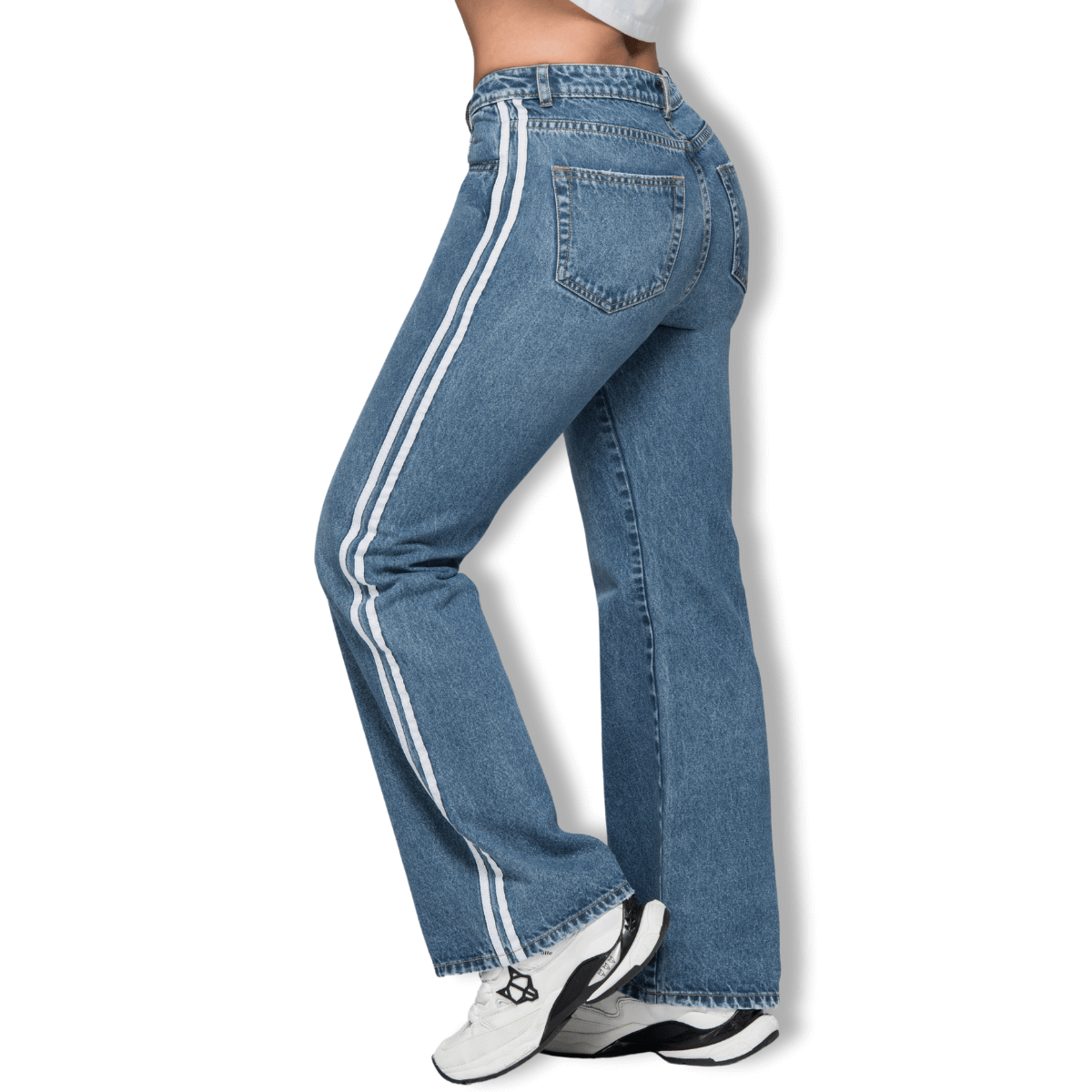 Jeans Wide Leg Mujer Azul Franjas Laterales – 100% Algodón Colombiano, Tiro Alto T22107635-3