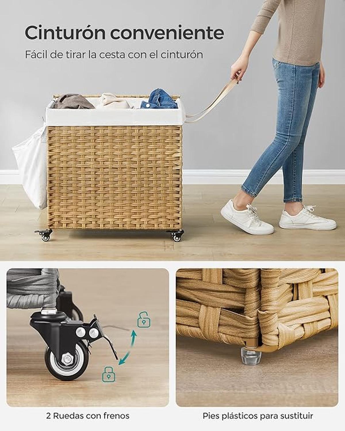 Canasto Carrito Lavandería Para Ropa Bambu + Ruedas Plegable-3