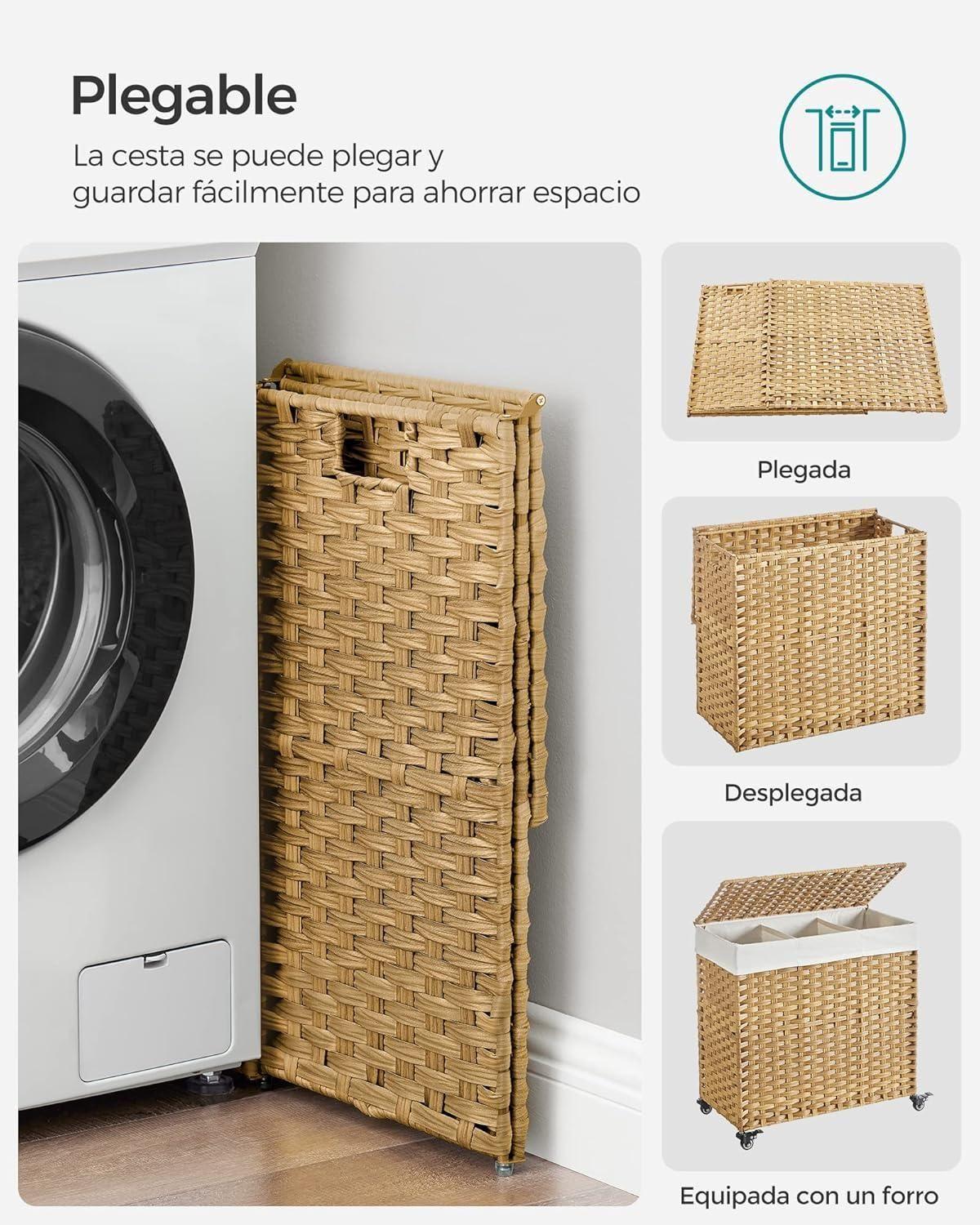 Canasto Carrito Lavandería Para Ropa Bambu + Ruedas Plegable-6
