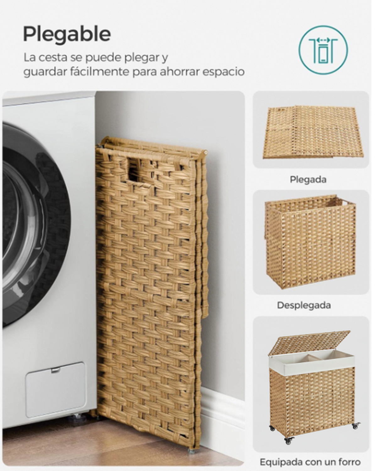 Canasto Carrito Lavandería Para Ropa Bambu + Ruedas Plegable-2