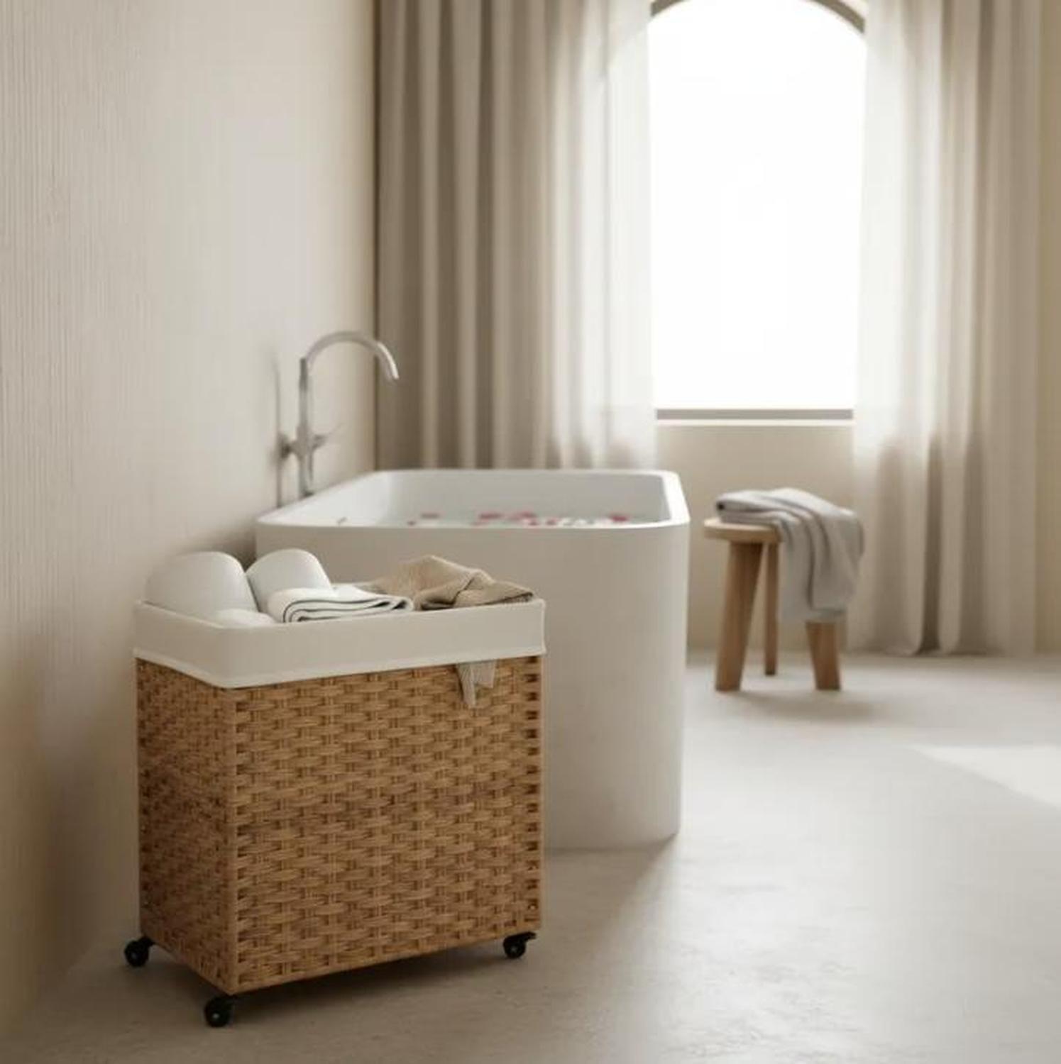 Canasto Carrito Lavandería Para Ropa Bambu + Ruedas Plegable-4