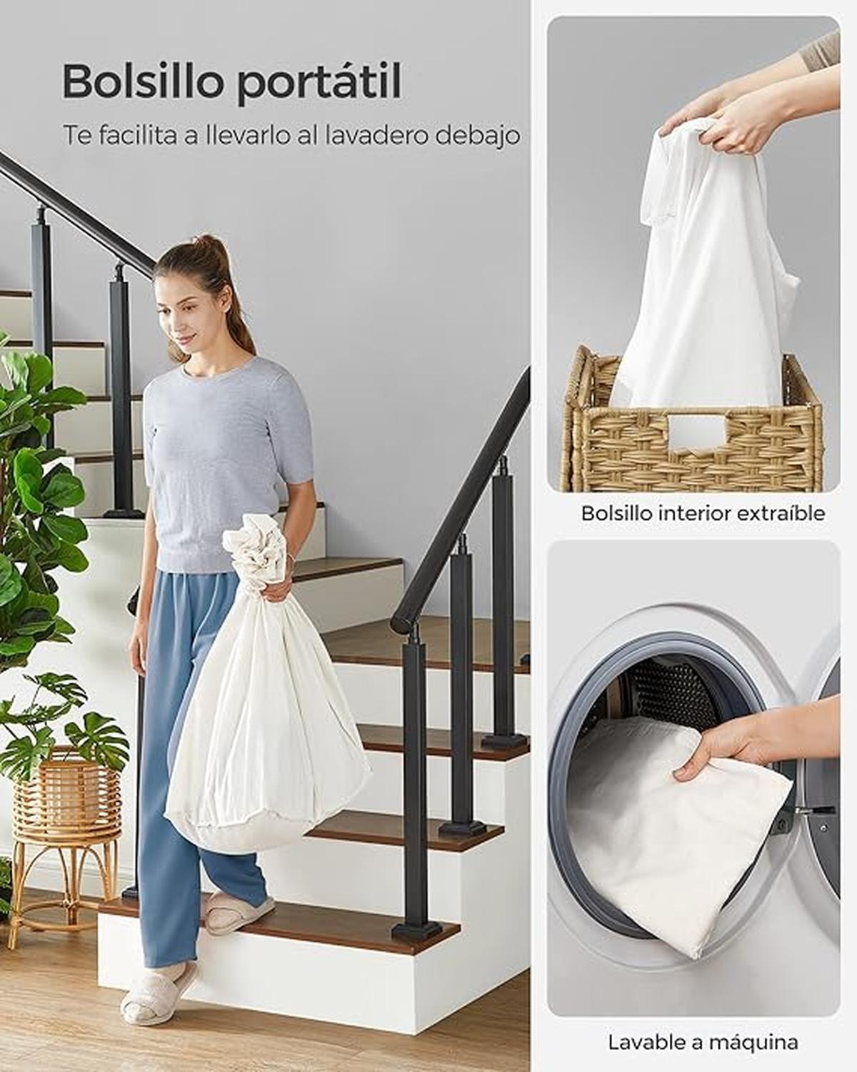 Canasto Carrito Lavandería Para Ropa Bambu + Ruedas Plegable-5