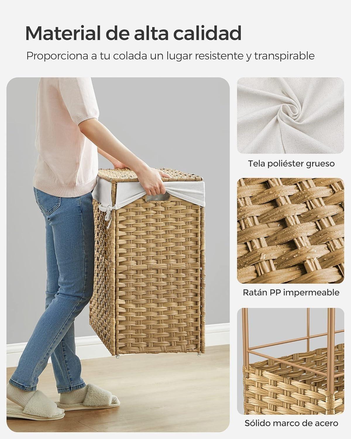 Canasto Carrito Lavandería Para Ropa Bambu + Ruedas Plegable-6