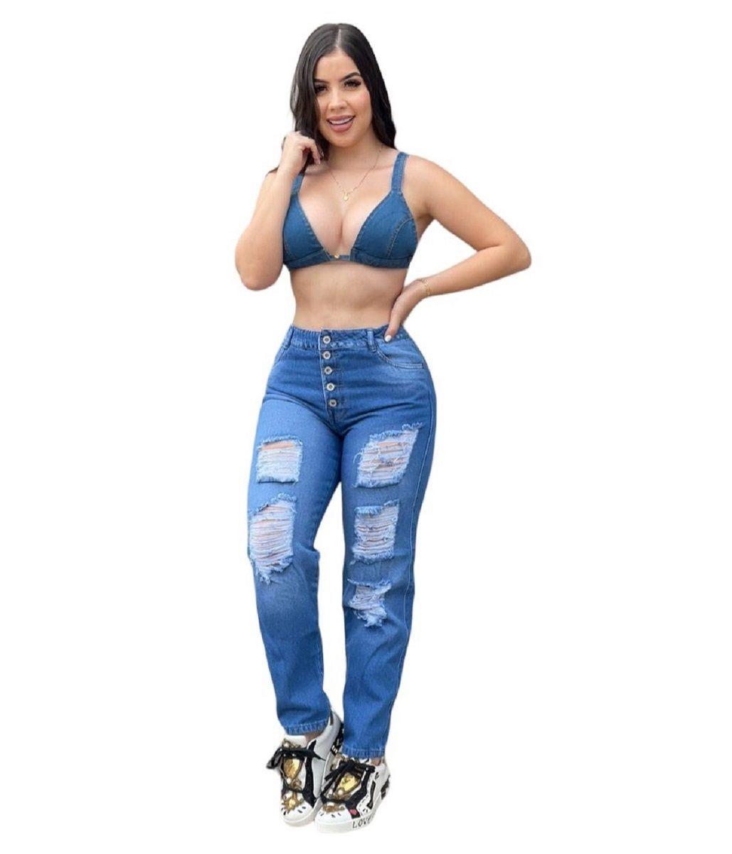 Jeans Mom Destroyed Tiro Alto Azul-2