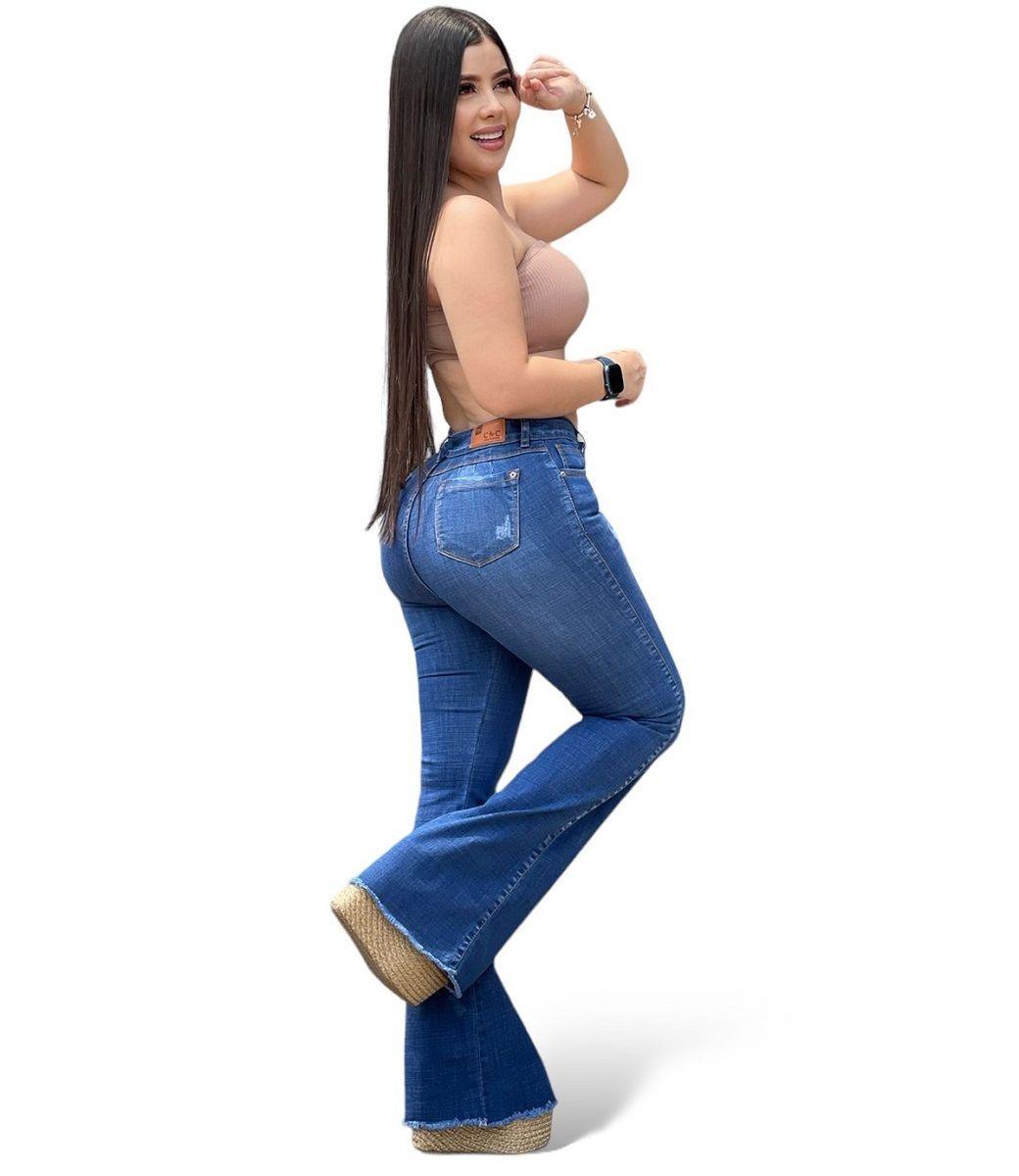 Jeans Flare Mujer Tiro Alto Azul -1