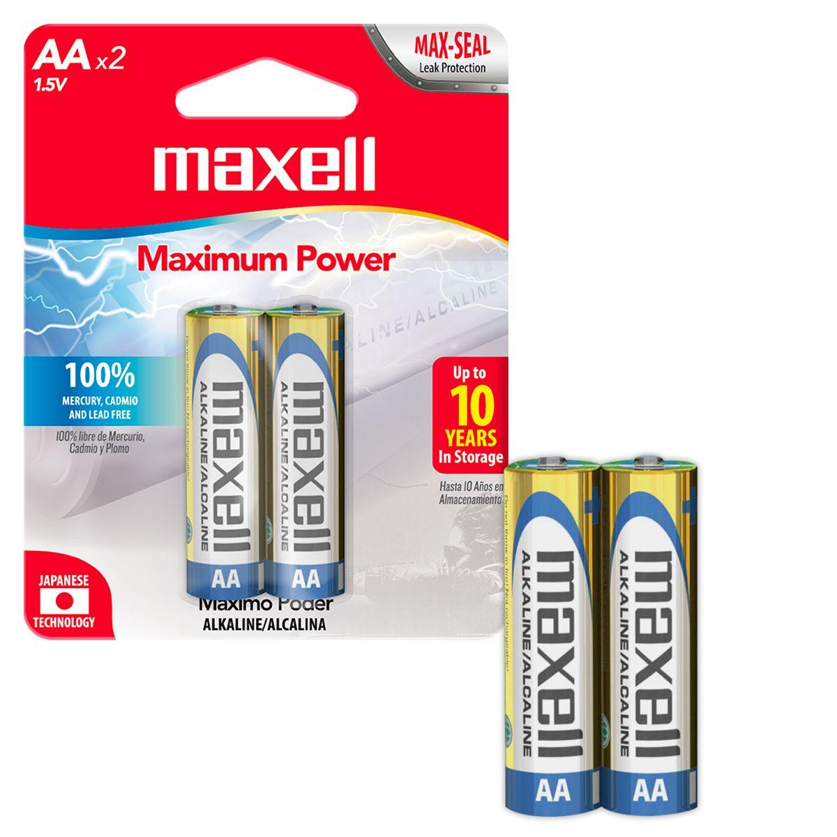 Pilas AA LR6 x2 1.5V Alcalina Maxell Durabilidad y Potencia-0