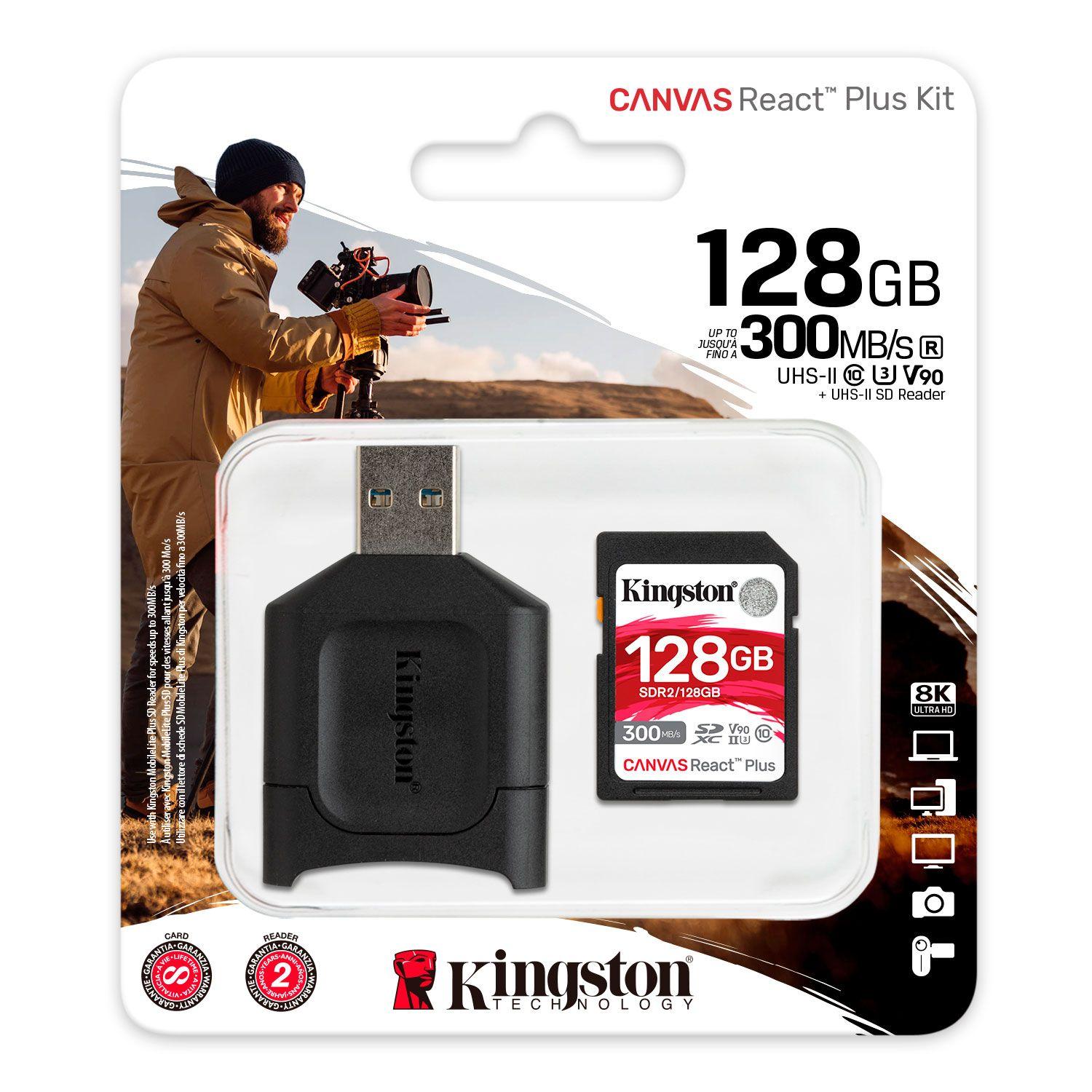 Tarjeta Memoria SD Kingston Canvas React Kit 128GB+Adap. USB-3