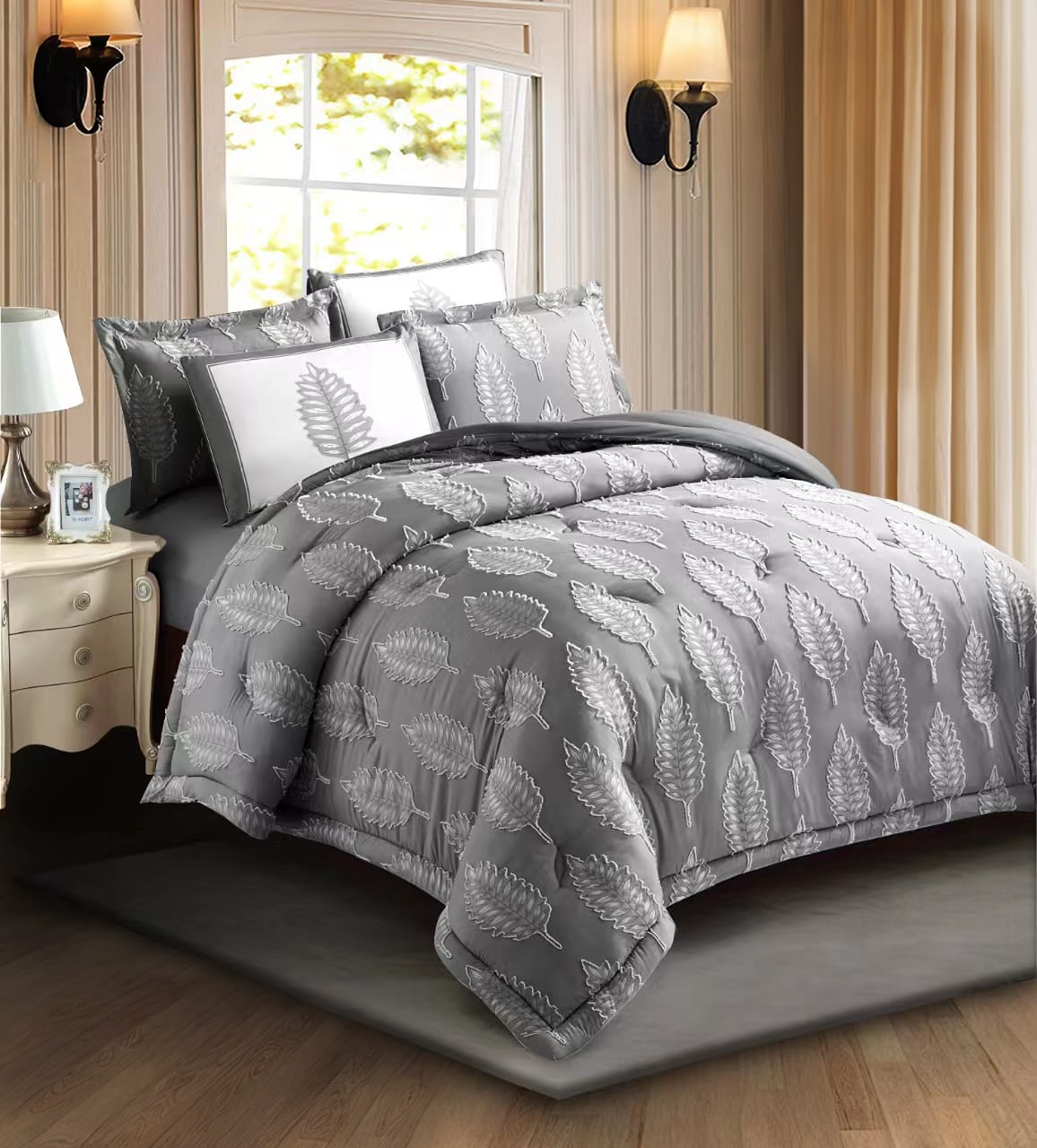 Cubrecamas quilt Diseño de hoja  de verano Gris Oscuro TF-0