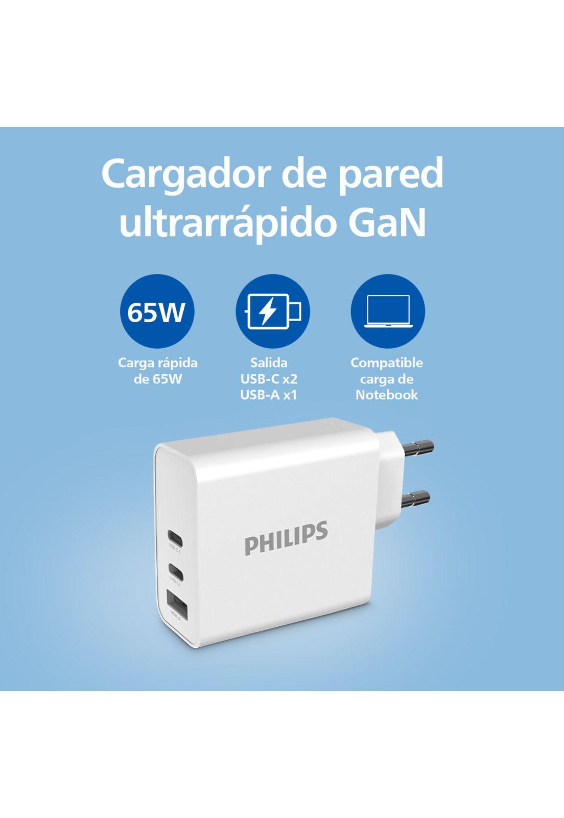 Cargador de Pared GaN 65W con 2 USB-C y 1 USB-A Carga Rápida Philips DLP2683-2