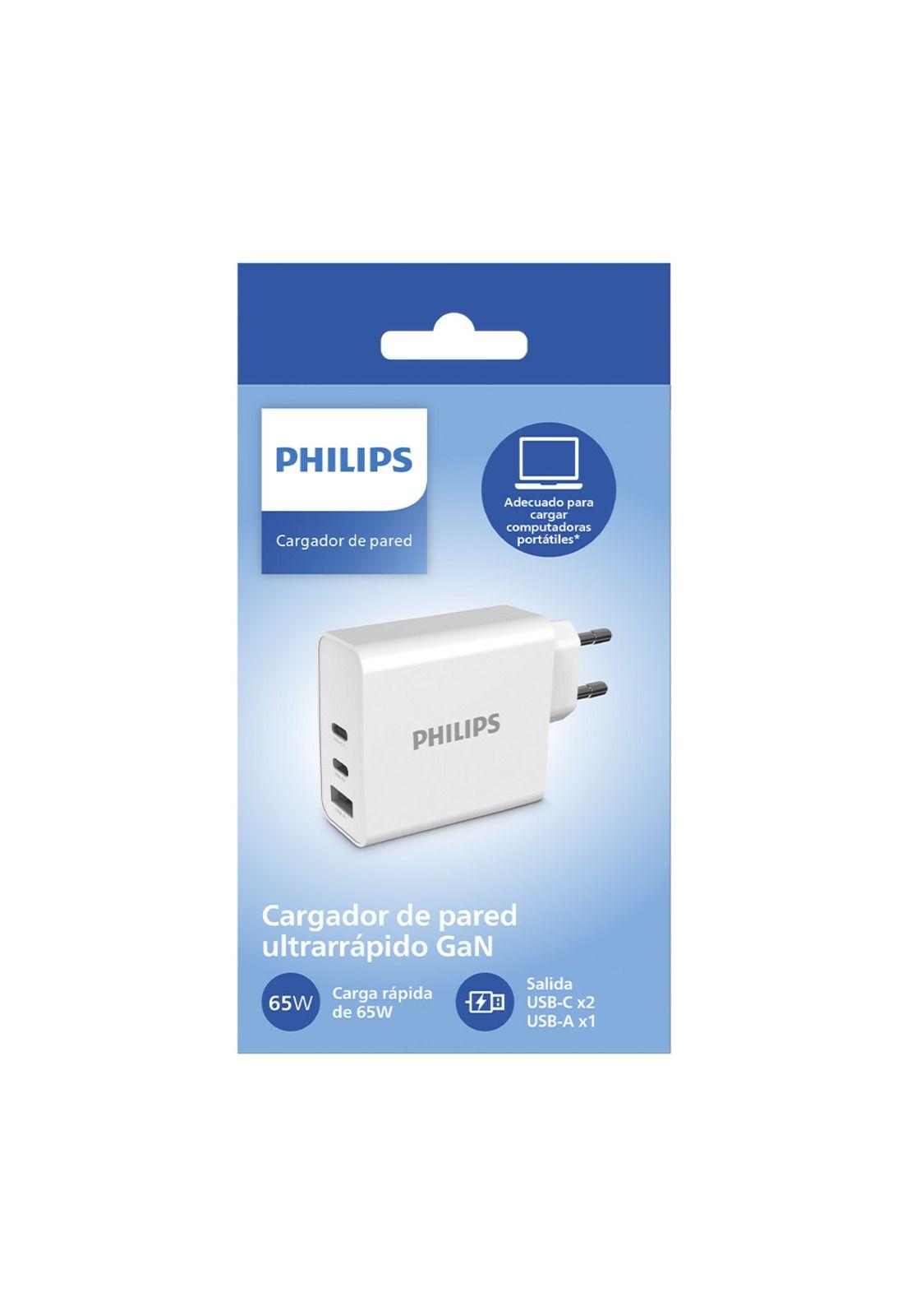 Cargador de Pared GaN 65W con 2 USB-C y 1 USB-A Carga Rápida Philips DLP2683-3