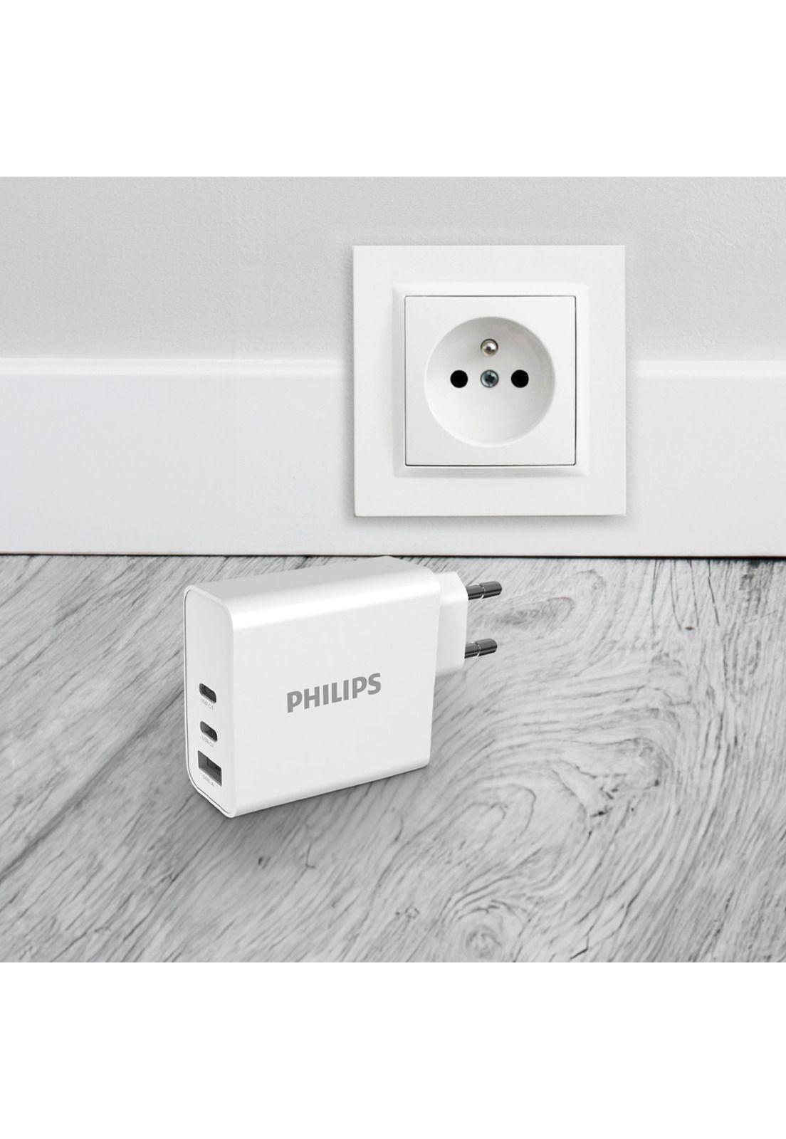 Cargador de Pared GaN 65W con 2 USB-C y 1 USB-A Carga Rápida Philips DLP2683-1