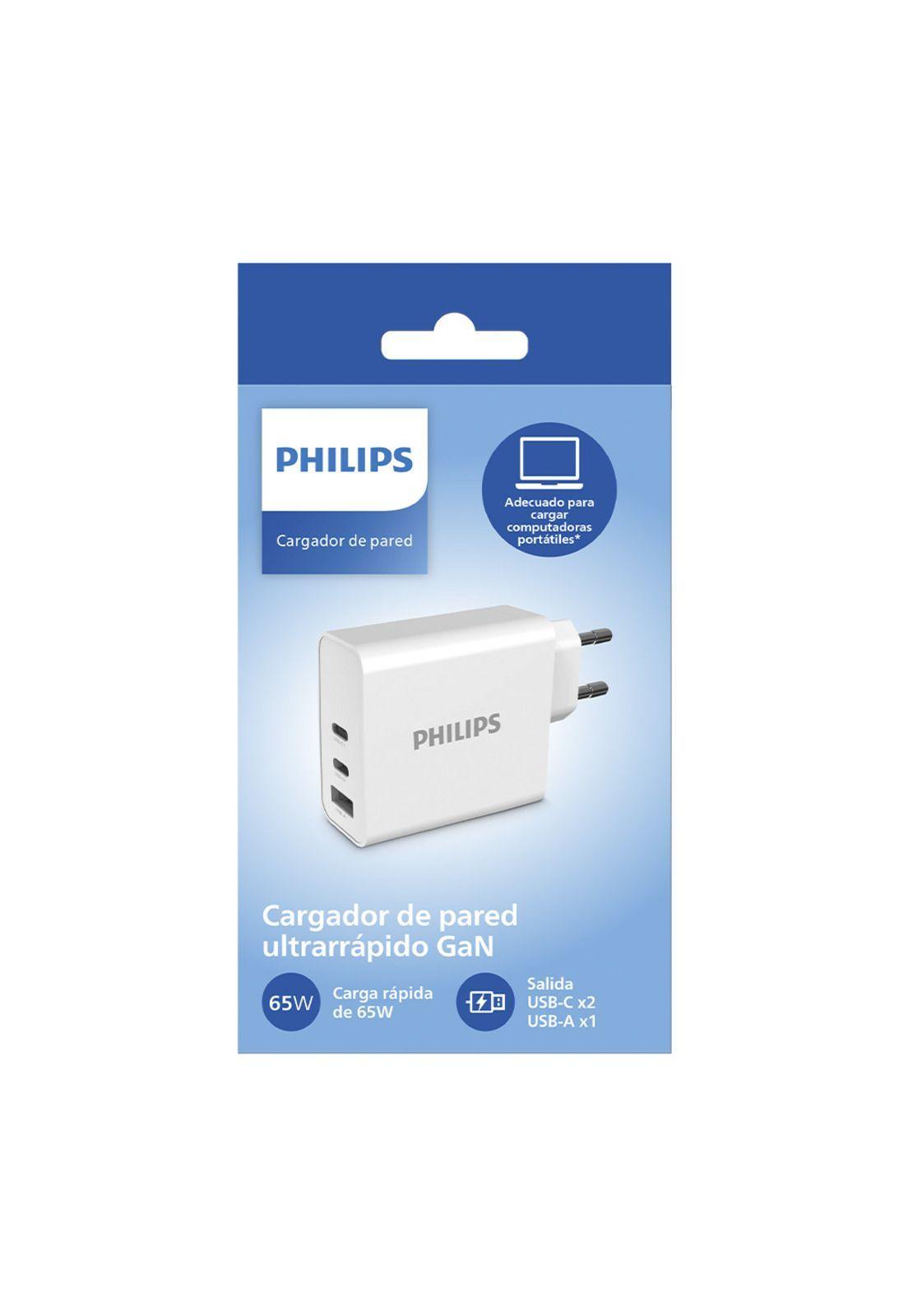 Cargador de Pared GaN 65W con 2 USB-C y 1 USB-A Carga Rápida Philips DLP2683-3