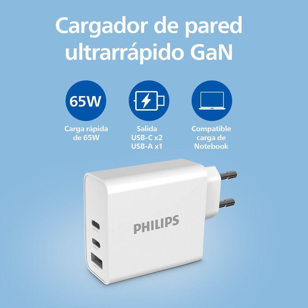 Cargador Philips 65W Carga Ultra Rápida 3 Puertos 2 USB-C + 1 USB-A-1