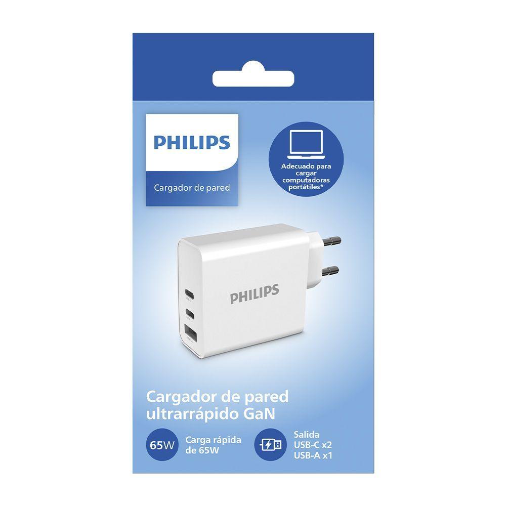 Cargador Philips 65W Carga Ultra Rápida 3 Puertos 2 USB-C + 1 USB-A-3