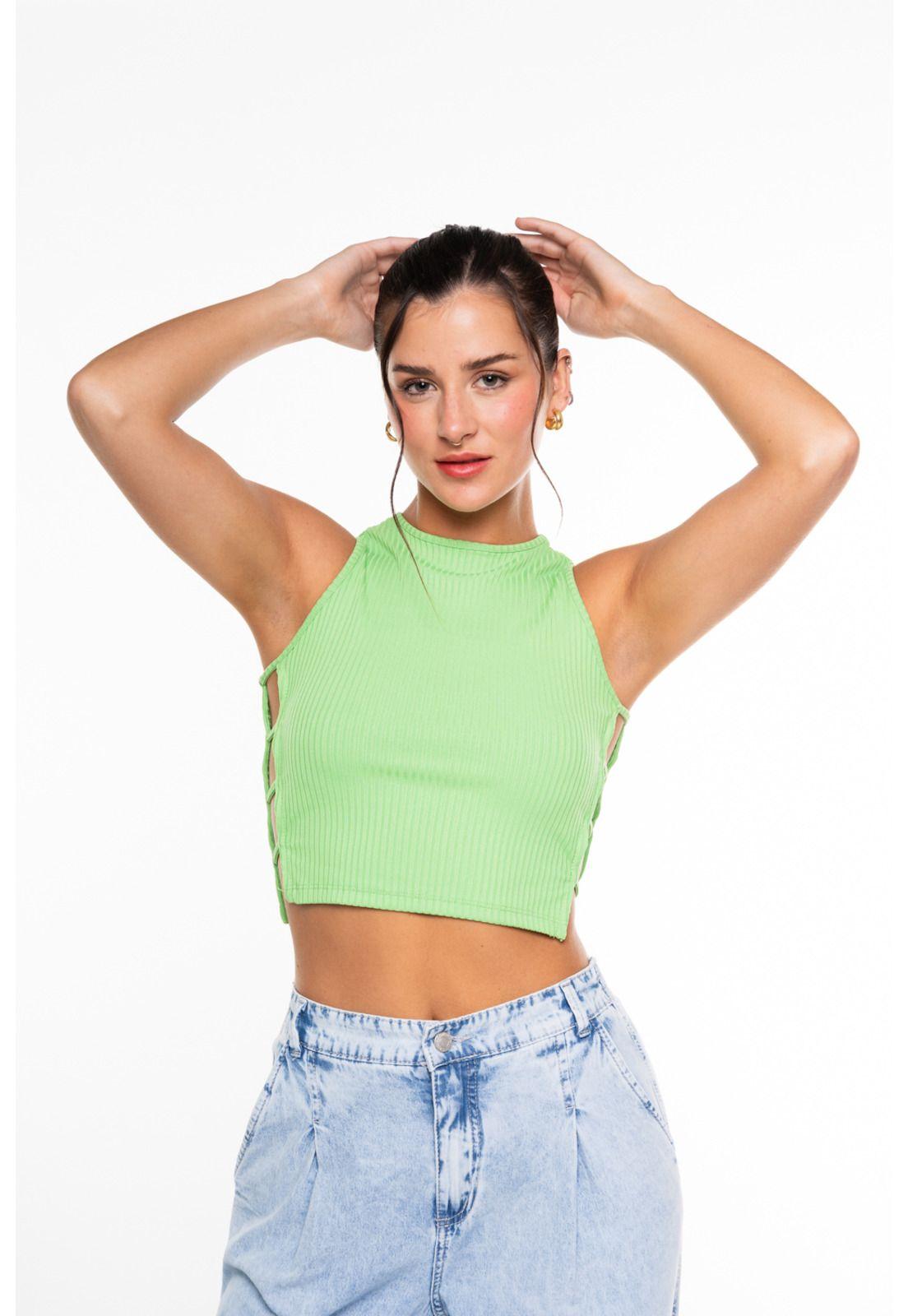 Polera Vitoria Crop Pabilos en Costados Verde Limón Efesis-0