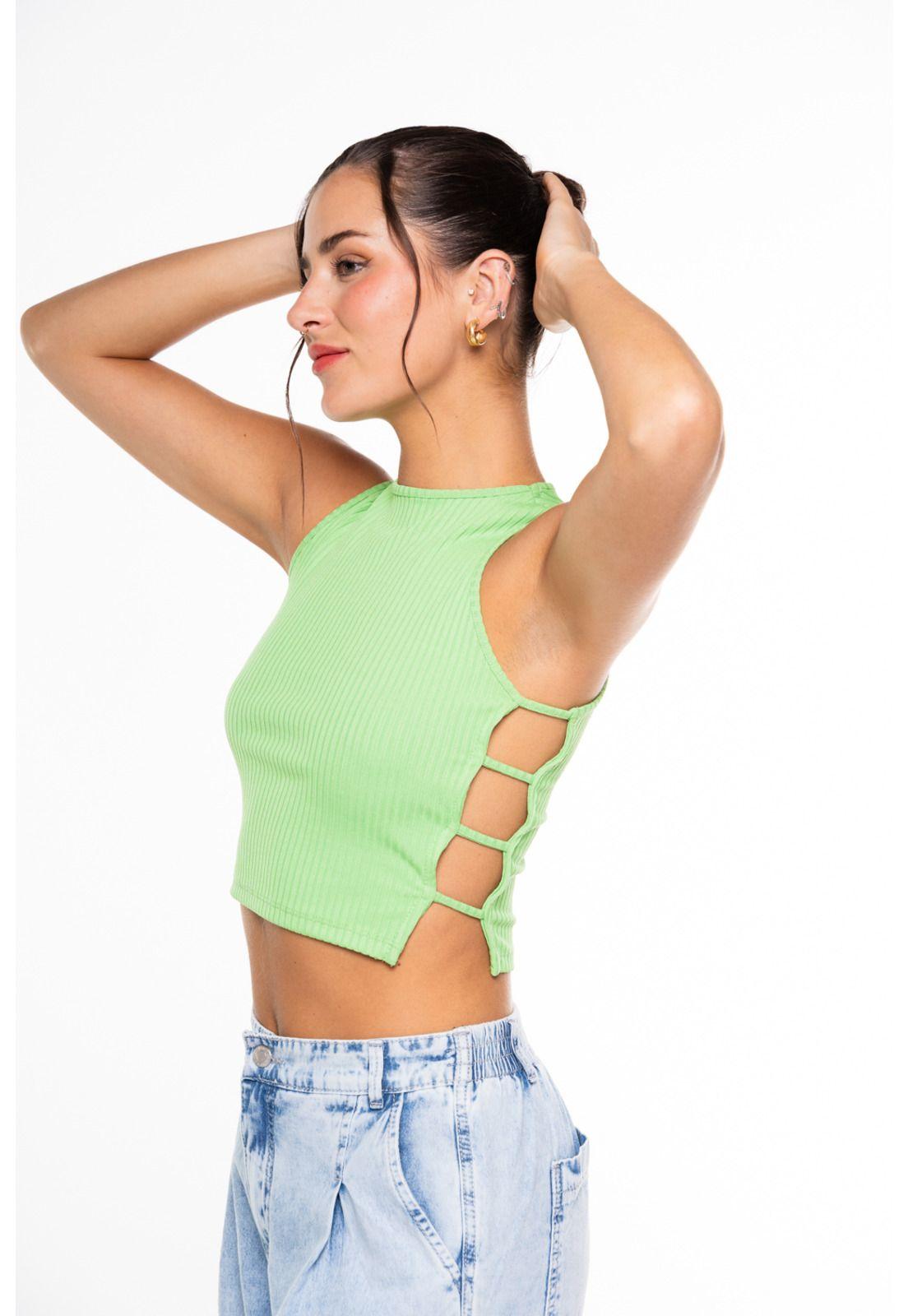 Polera Vitoria Crop Pabilos en Costados Verde Limón Efesis-1